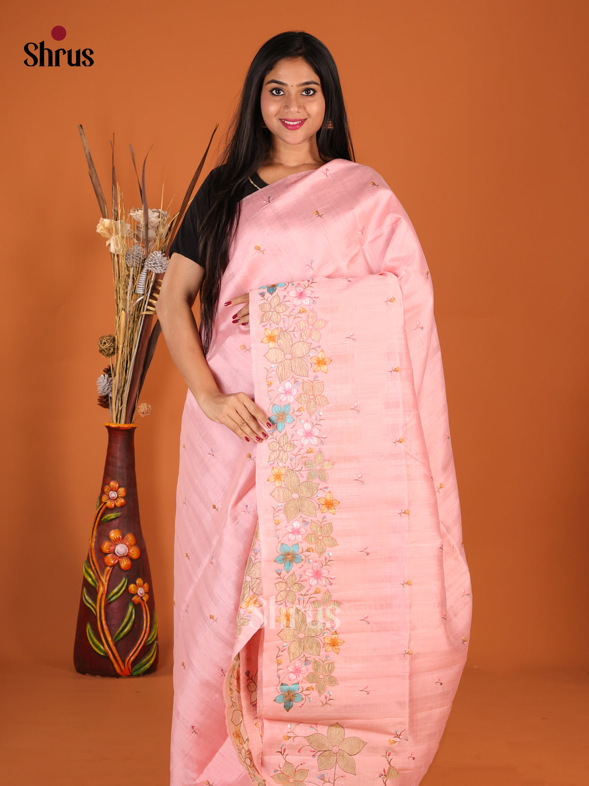 Pink - Semi Rawsilk Saree - Shop on Shrus.com