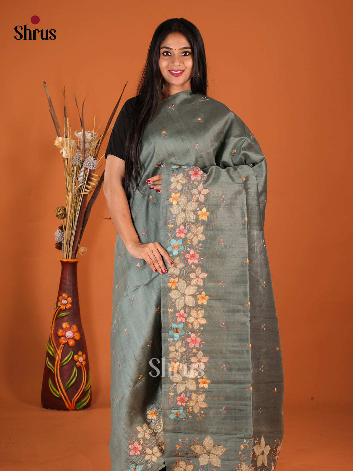 Grey - Semi Rawsilk Saree - Shop on Shrus.com