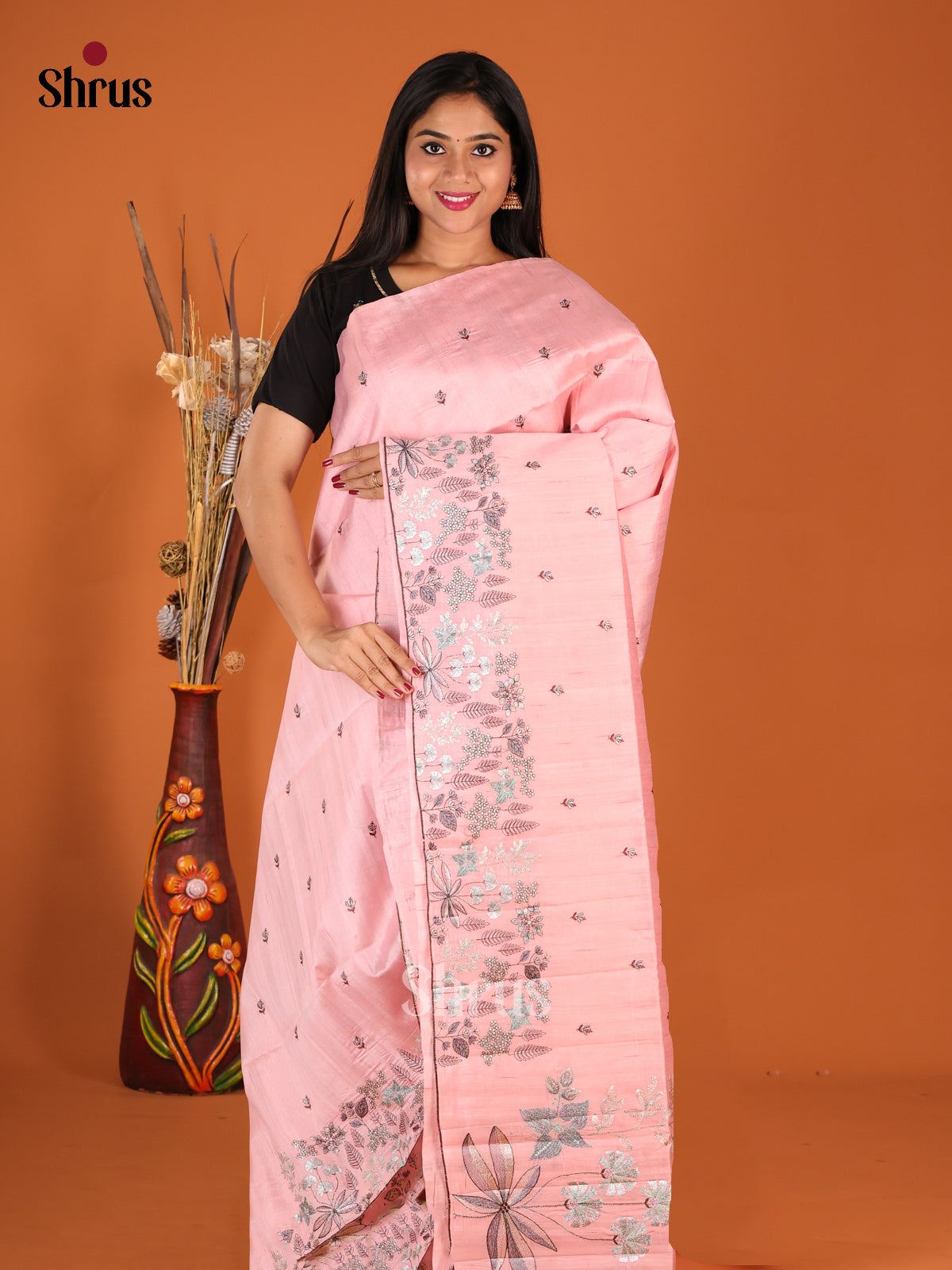 Pink - Semi Rawsilk Saree - Shop on Shrus.com