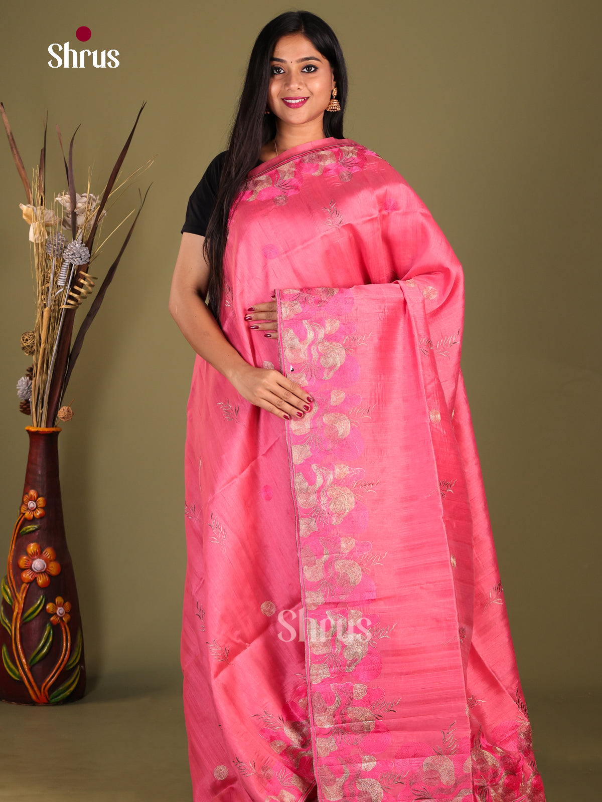 Pink - Semi Rawsilk Saree - Shop on Shrus.com