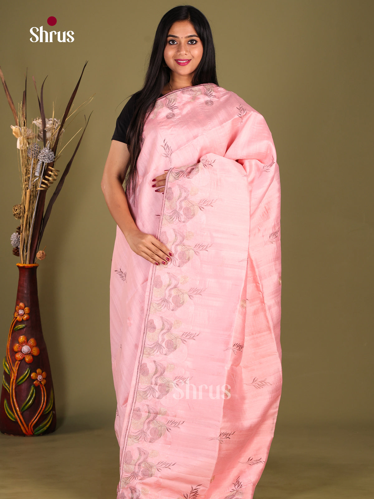 Pink - Semi Rawsilk Saree - Shop on Shrus.com