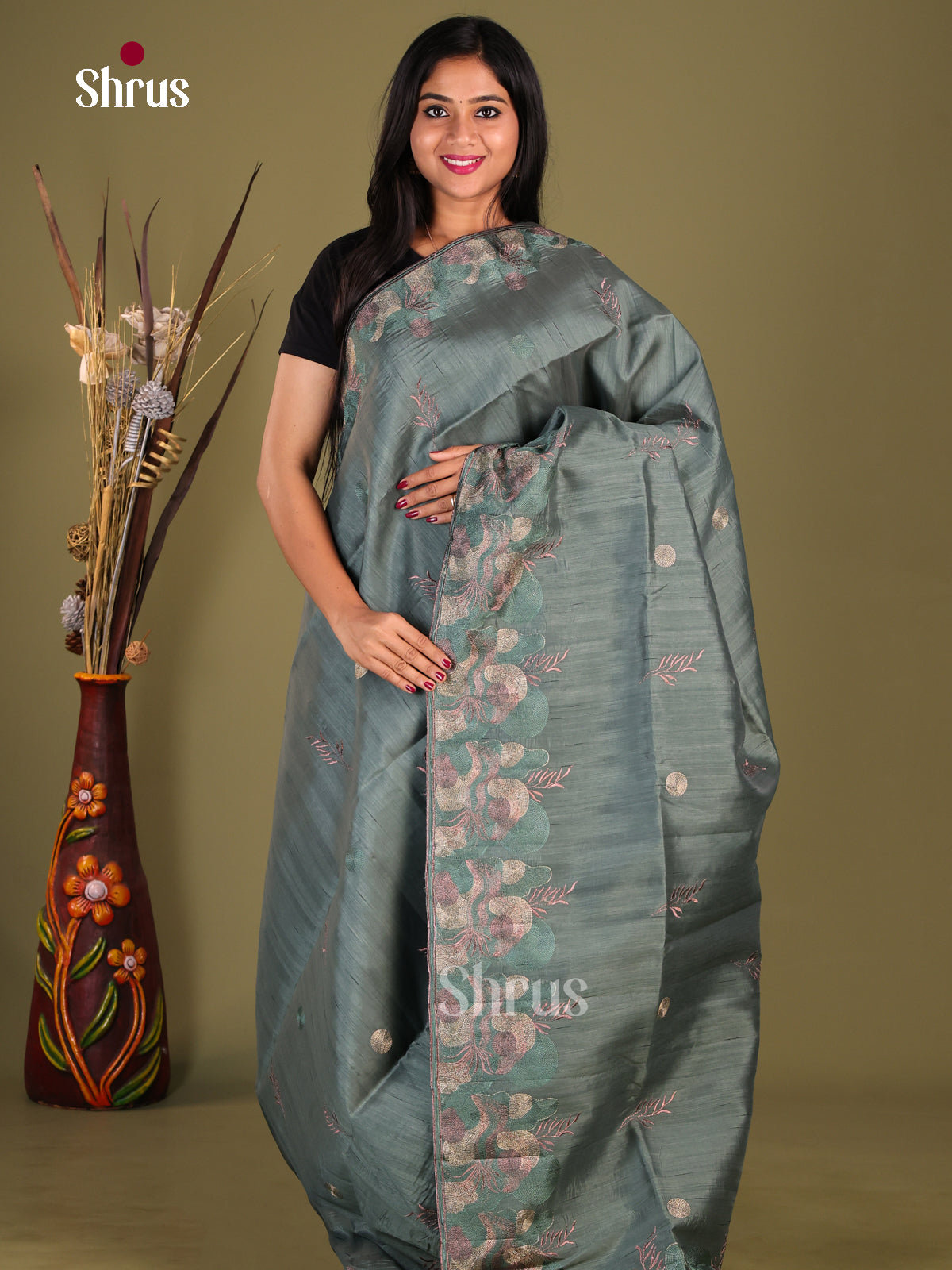 Grey - Semi Rawsilk Saree - Shop on Shrus.com