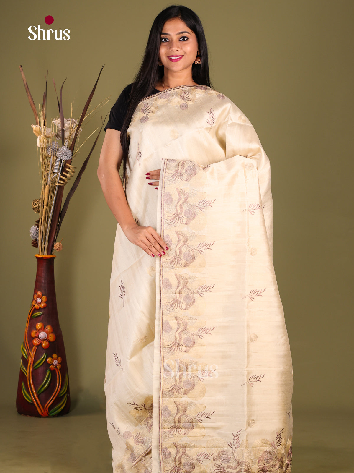 Cream - Semi Rawsilk Saree - Shop on Shrus.com