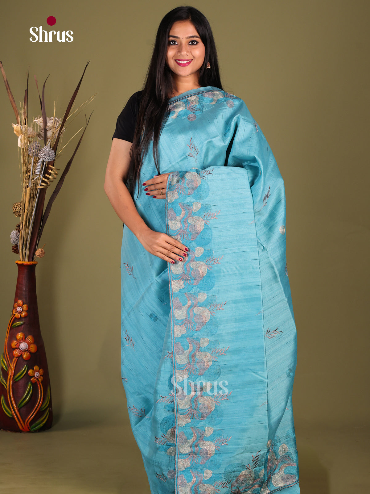 Blue- Semi Rawsilk Saree
