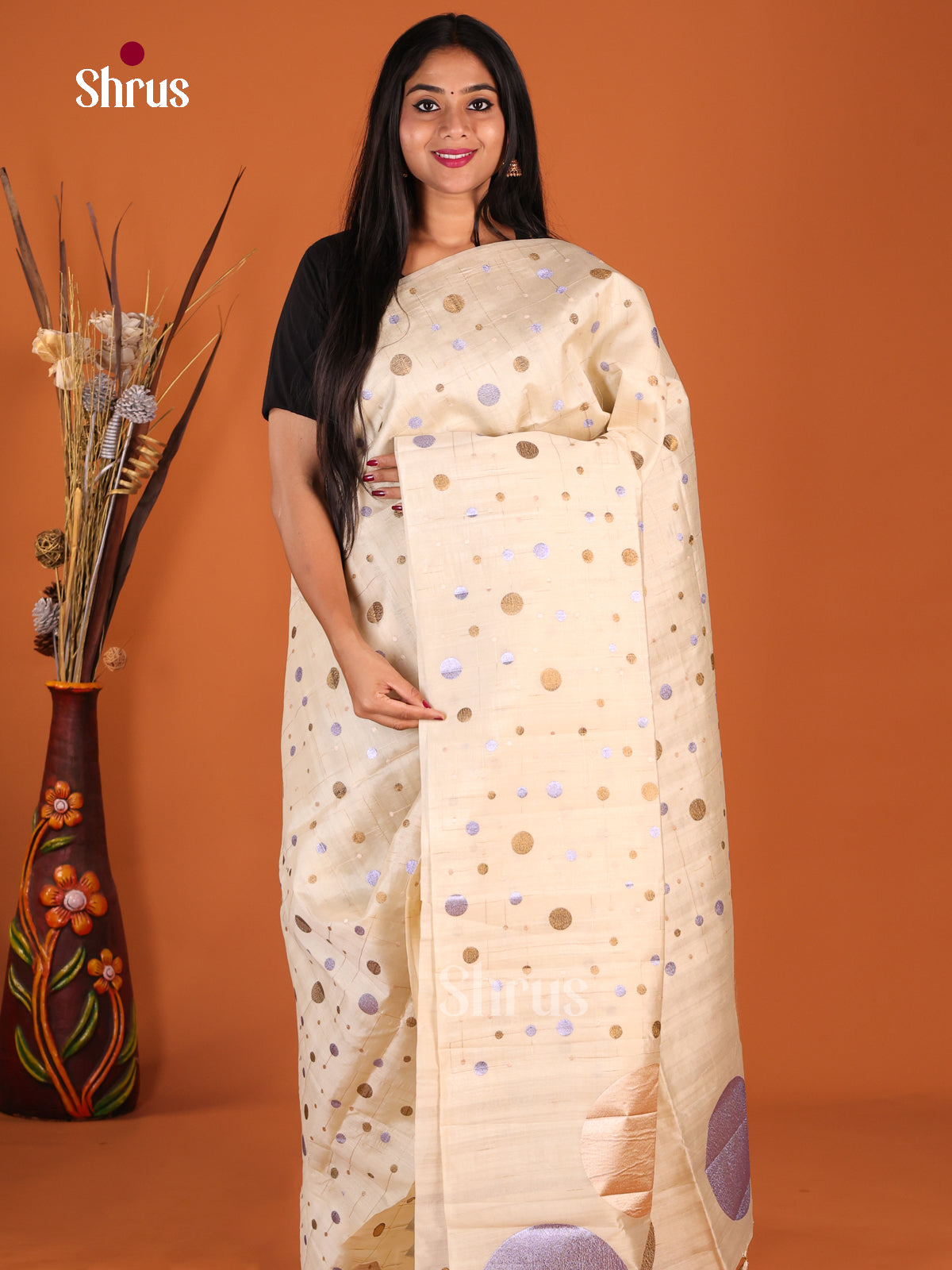 Cream- Semi Rawsilk Saree - Shop on Shrus.com