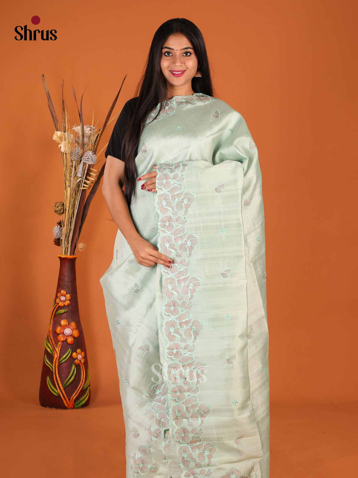 Pastel Green - Semi Rawsilk Saree - Shop on Shrus.com