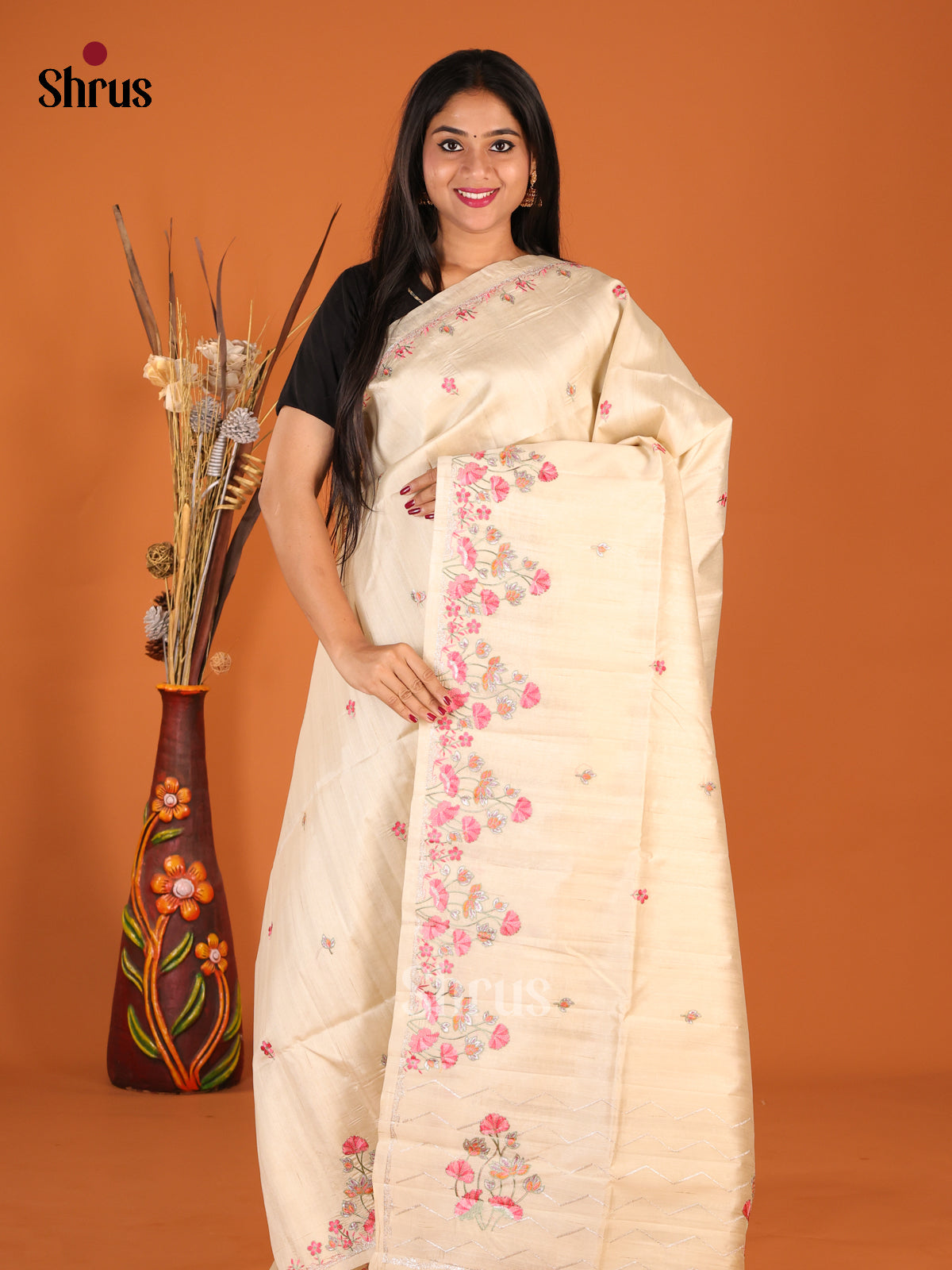 Cream - Semi Rawsilk Saree - Shop on Shrus.com