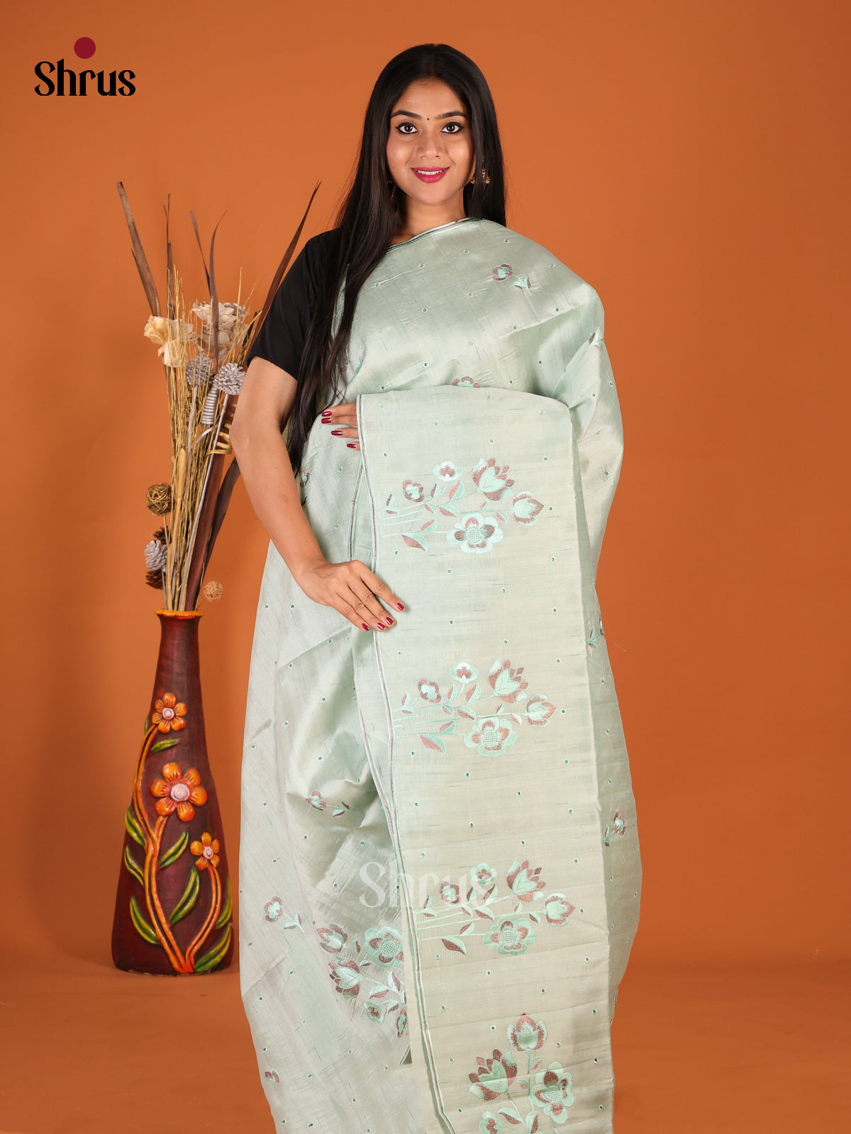 Pastel Green - Semi Rawsilk Saree - Shop on Shrus.com