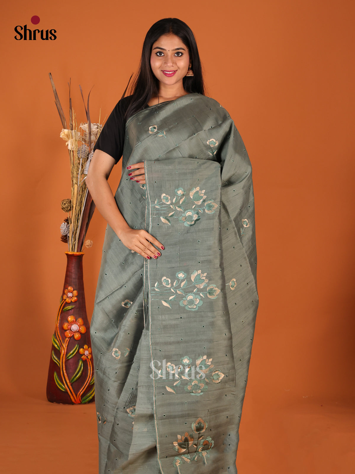 Grey Green- Semi Rawsilk Saree - Shop on Shrus.com