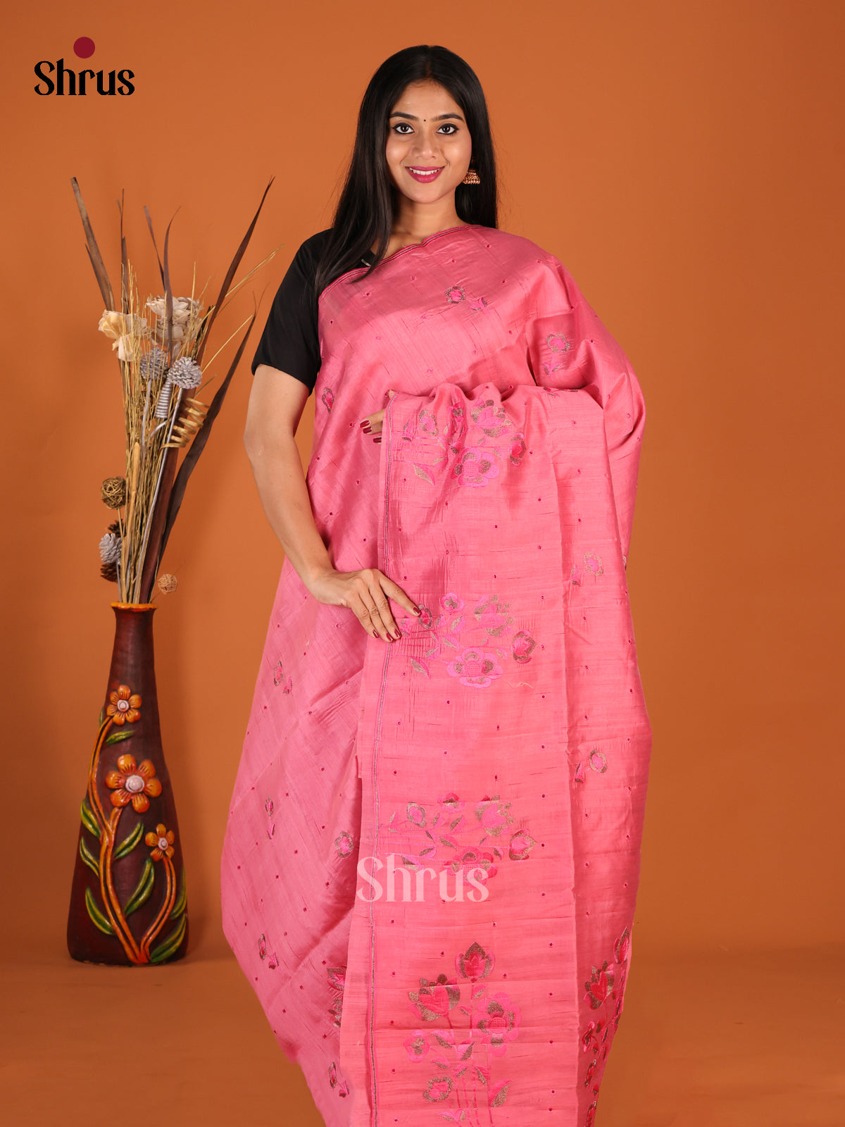 Pink - Semi Rawsilk Saree - Shop on Shrus.com