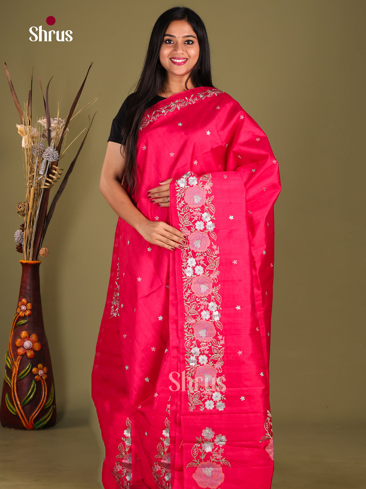Reddish Pink - Semi Rawsilk Saree - Shop on Shrus.com
