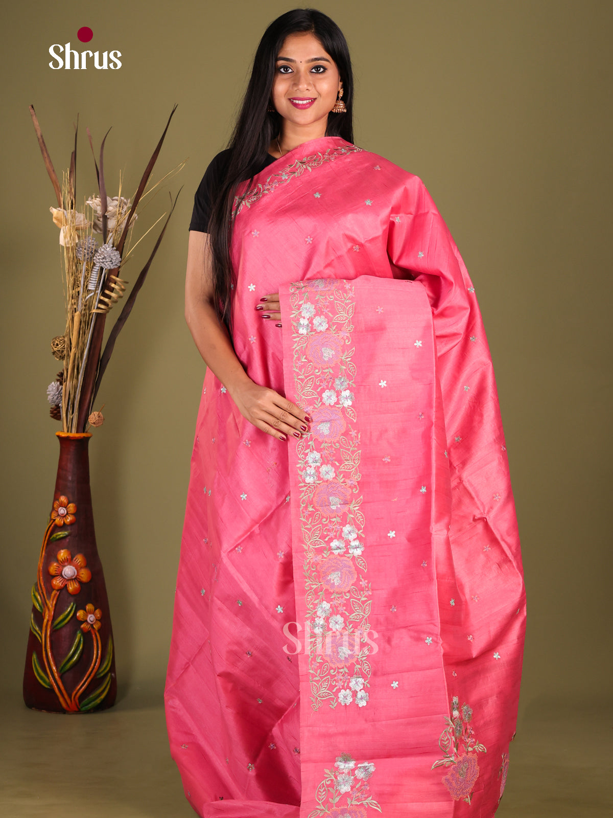 Pink - Semi Rawsilk Saree - Shop on Shrus.com