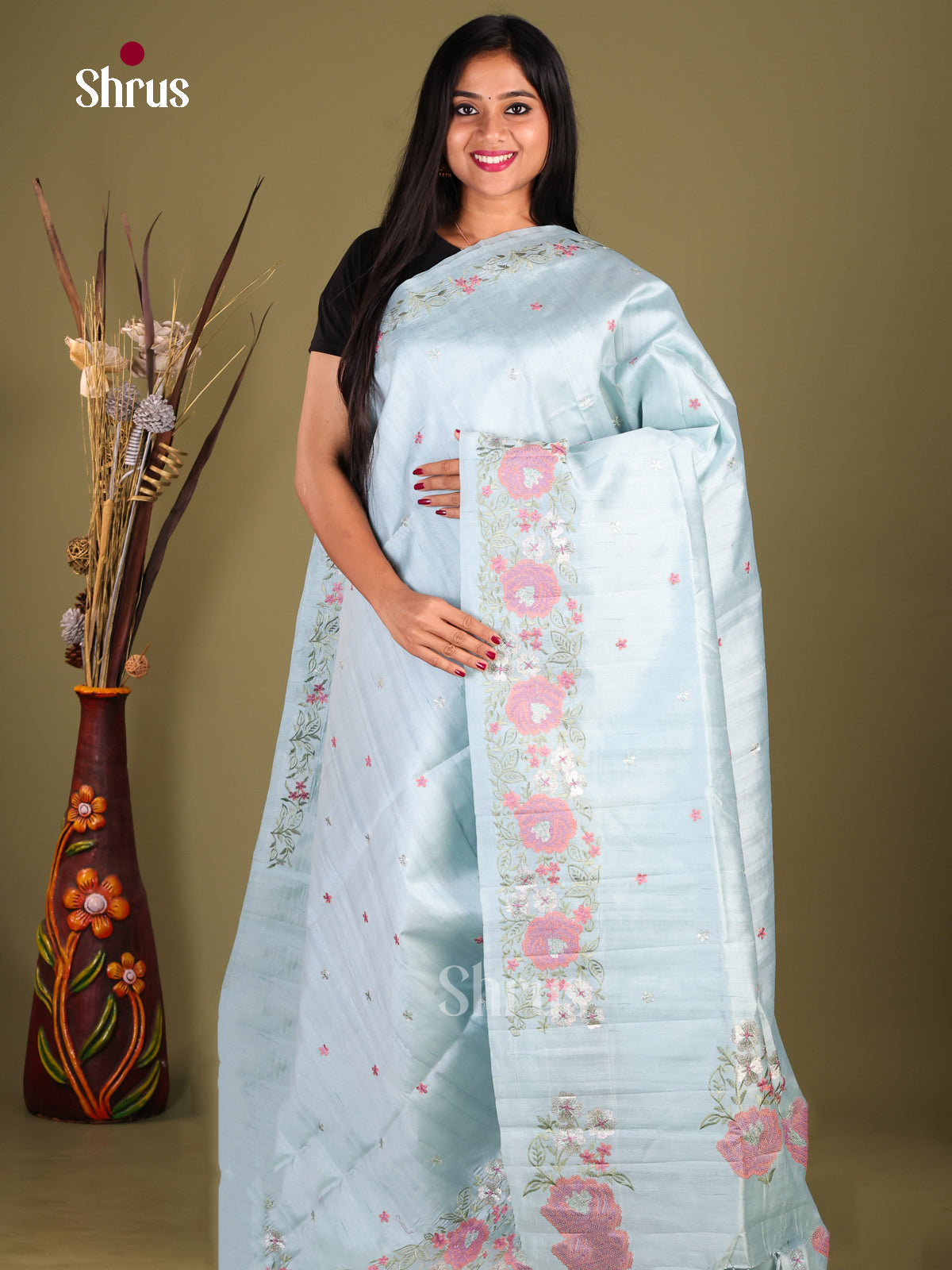 Ice Blue - Semi Rawsilk Saree - Shop on Shrus.com