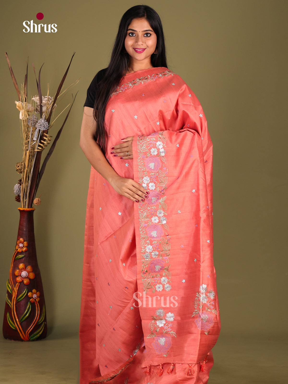 Orangish Pink- Semi Rawsilk Saree - Shop on Shrus.com