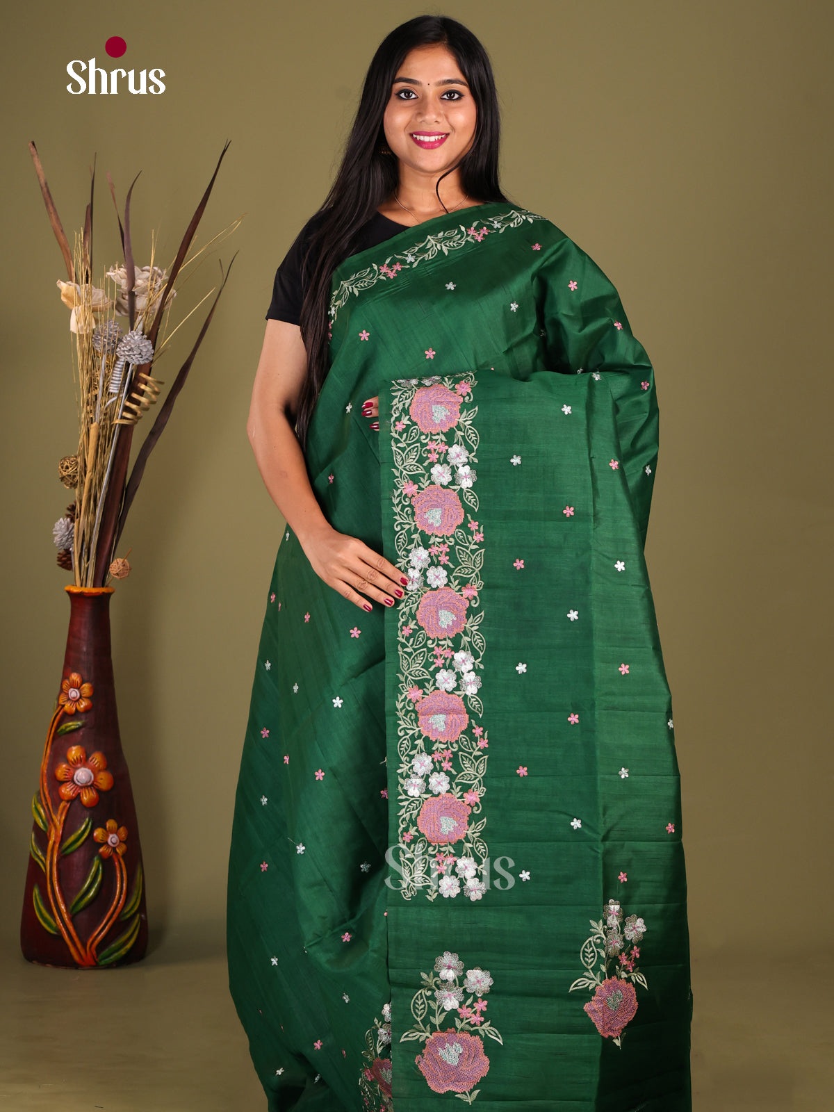 Green - Semi Rawsilk Saree - Shop on Shrus.com