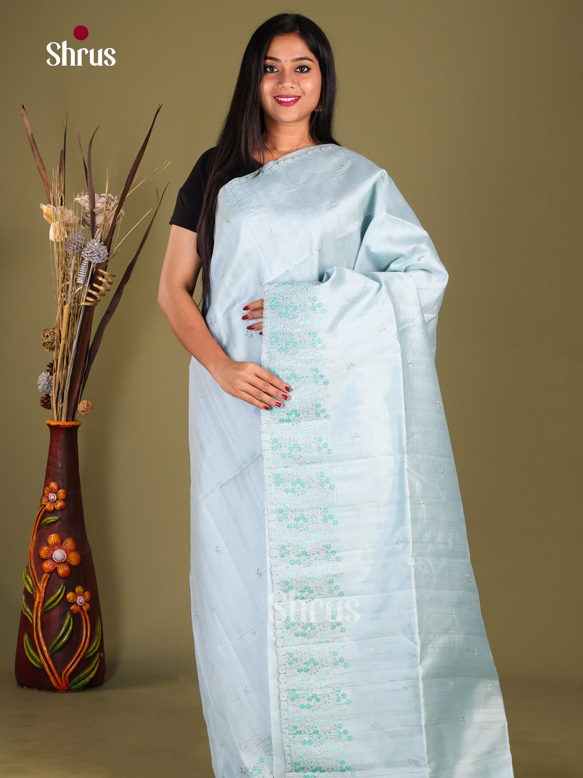Ice Blue - Semi Rawsilk Saree - Shop on Shrus.com