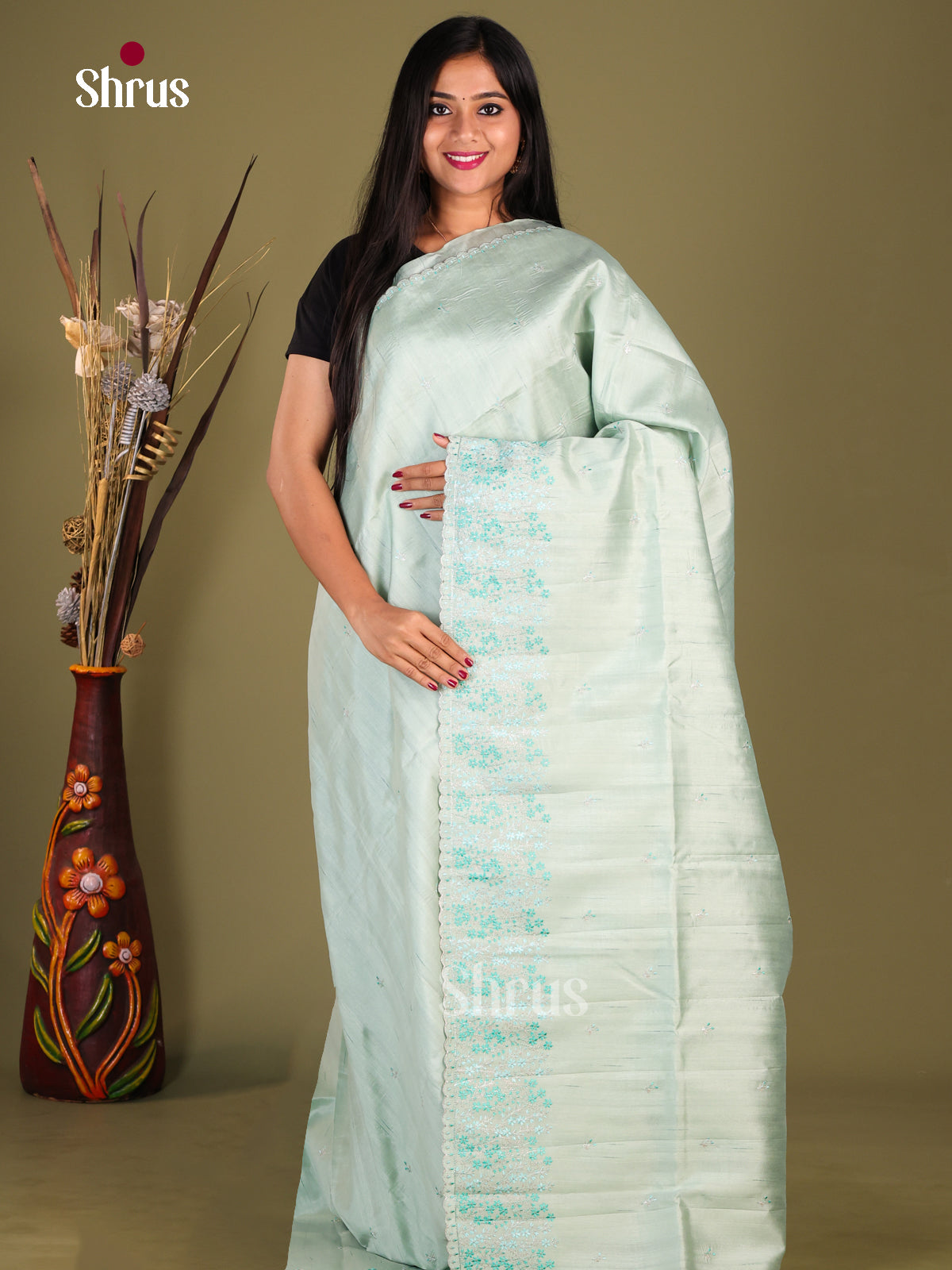 Ice Green - Semi Rawsilk Saree - Shop on Shrus.com