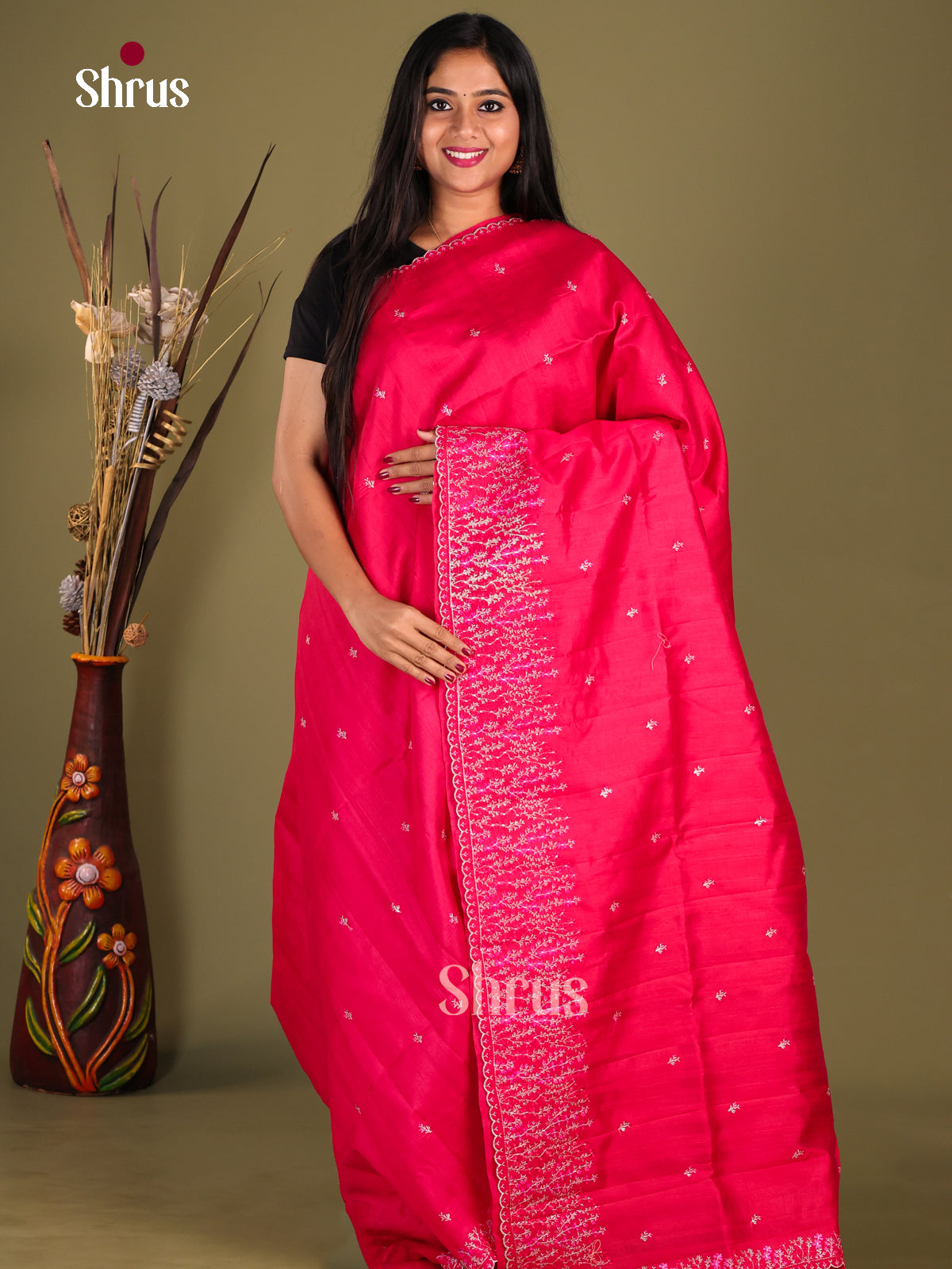 Reddish Pink - Semi Rawsilk Saree - Shop on Shrus.com