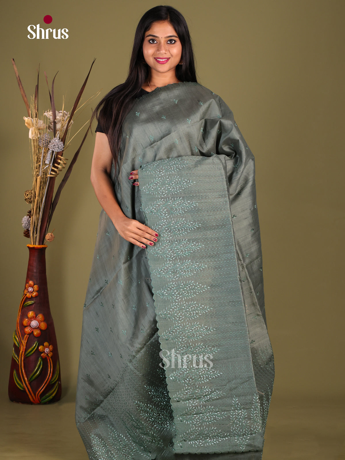 Grey - Semi Rawsilk Saree - Shop on Shrus.com