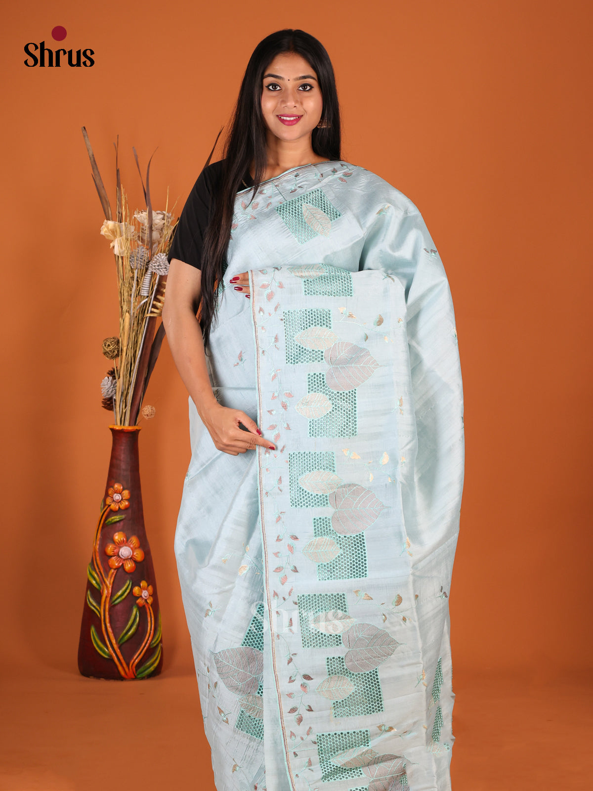 Pastel Blue- Semi Rawsilk Saree - Shop on Shrus.com