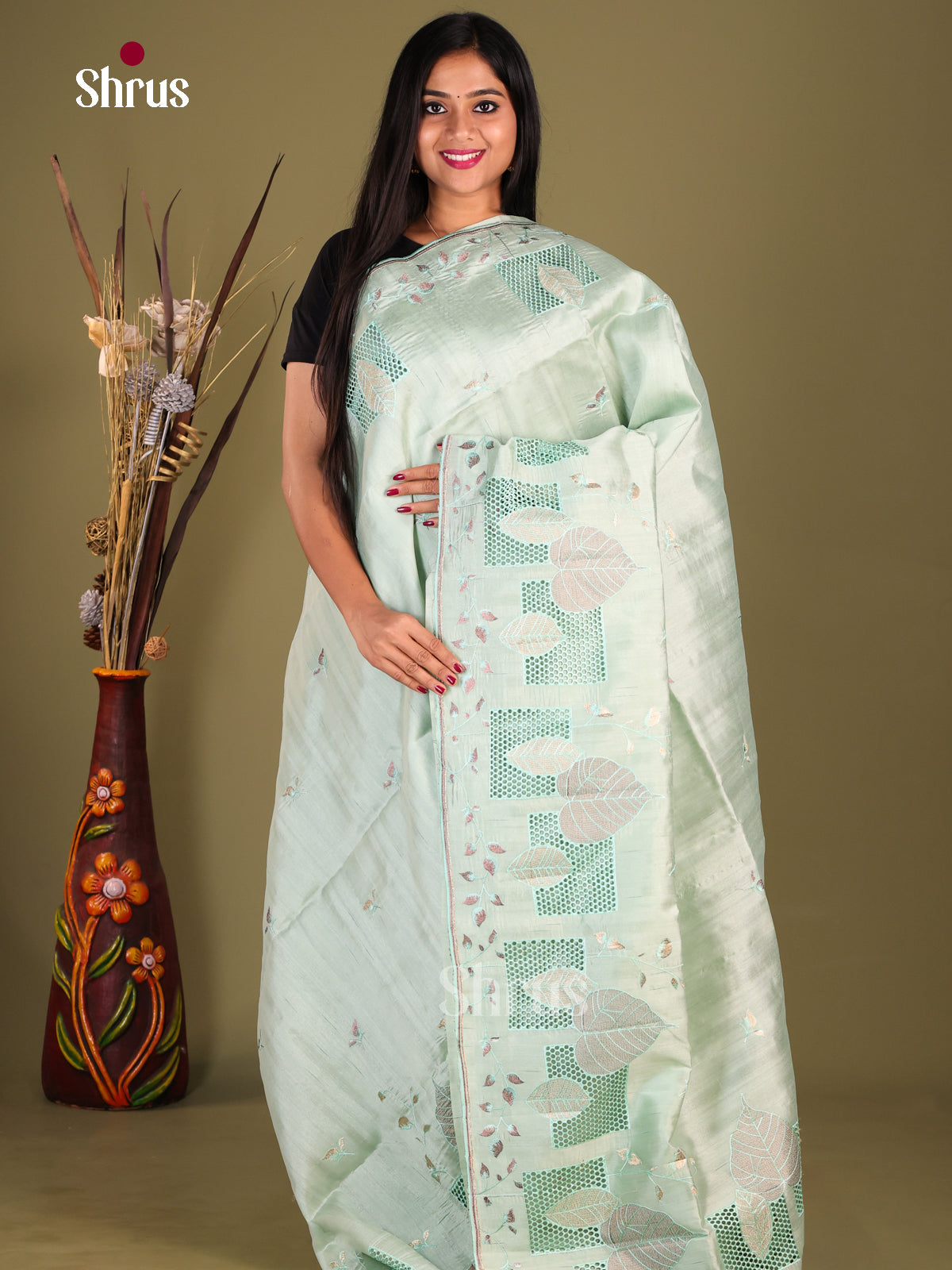 Ice Green - Semi Rawsilk Saree - Shop on Shrus.com