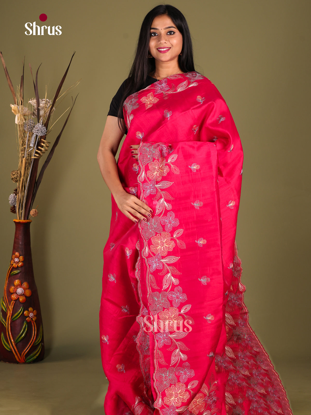 Red - Semi Rawsilk Saree - Shop on Shrus.com