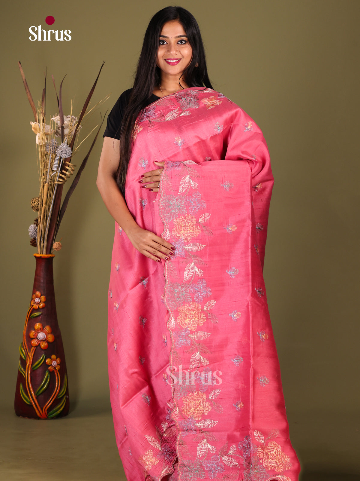 Pink - Semi Rawsilk Saree