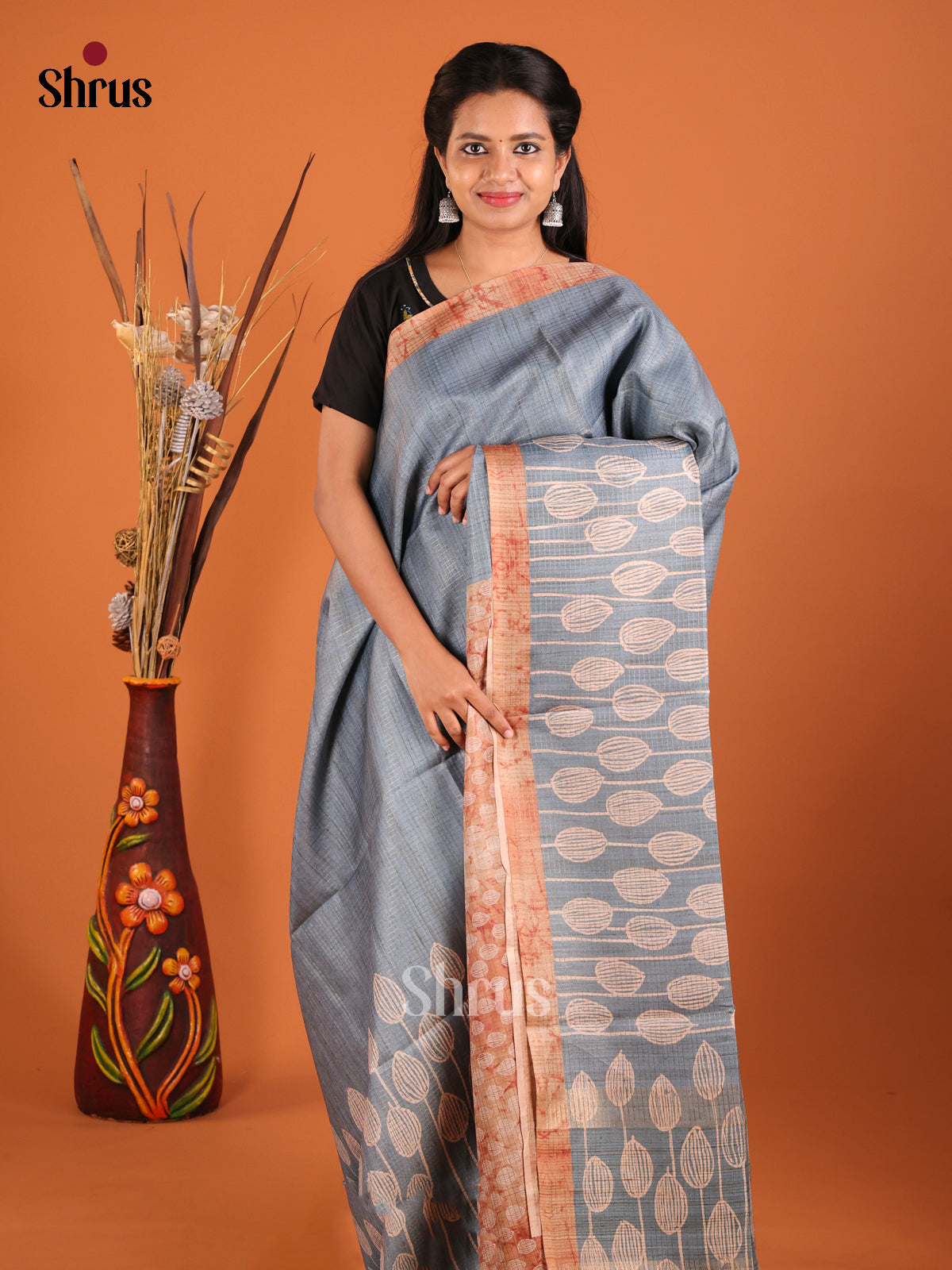 Grey & Brown - Semi Tussar Saree