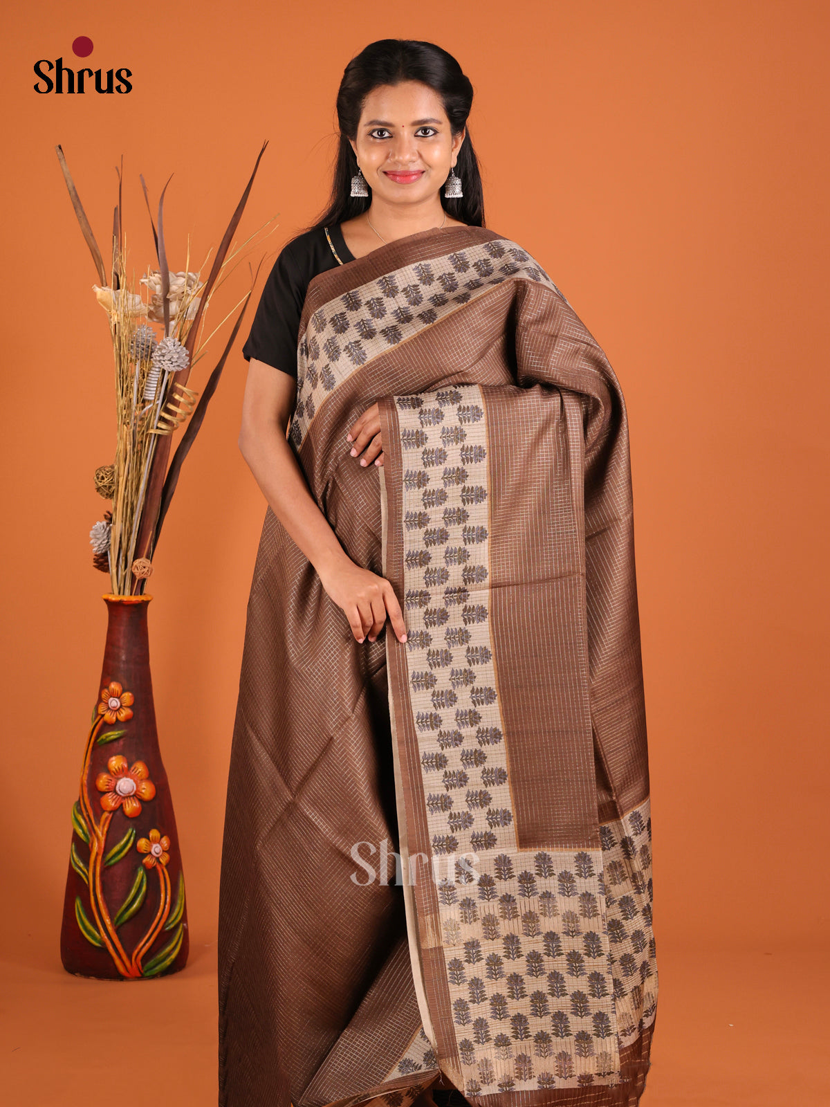 Brown & Cream - Semi Tussar Saree