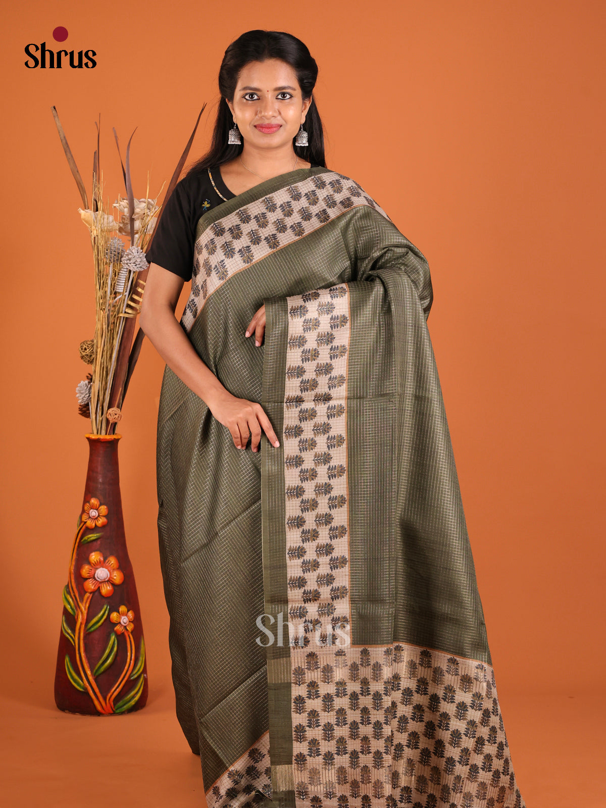 Green & Beige - Semi Tussar Saree