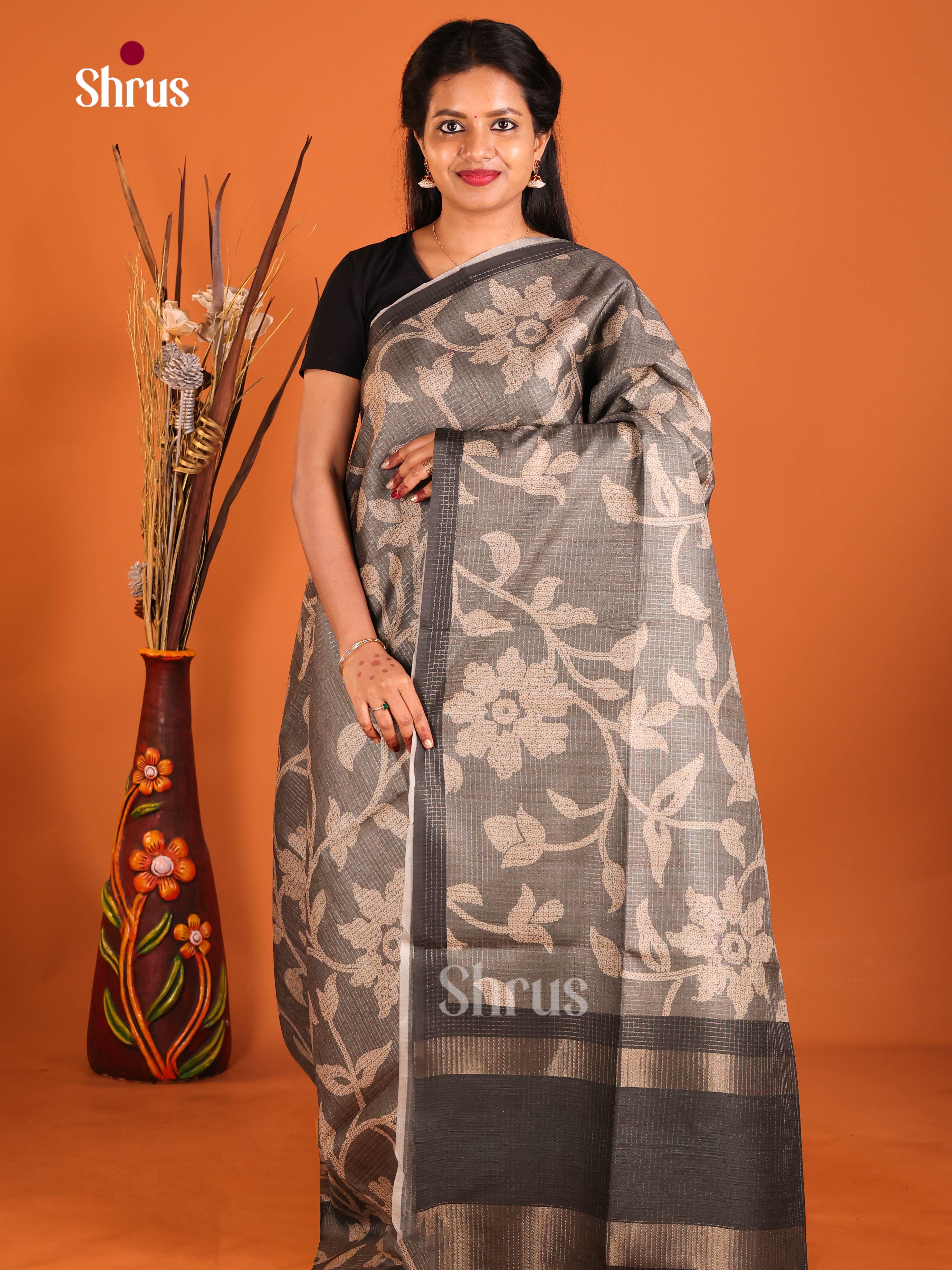 Grey & Black - Semi Tussar Saree - Shop on Shrus.com