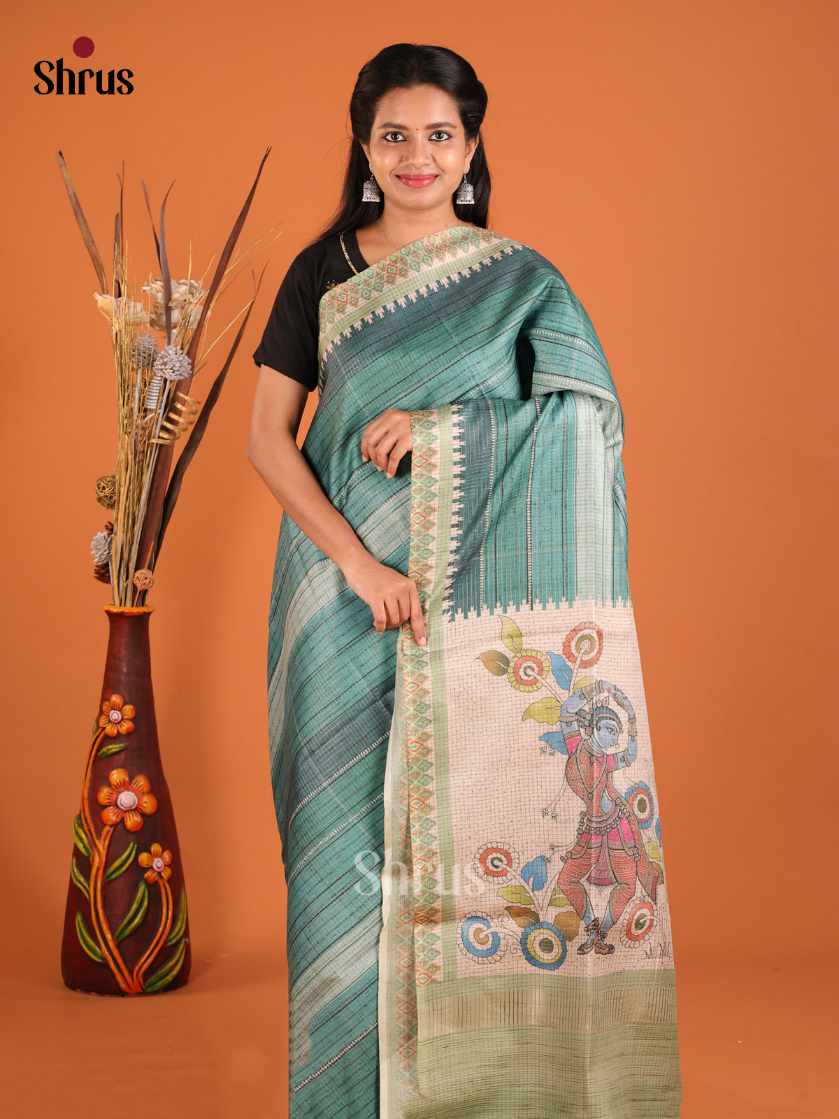 Green & Cream - Semi Tussar Saree - Shop on Shrus.com