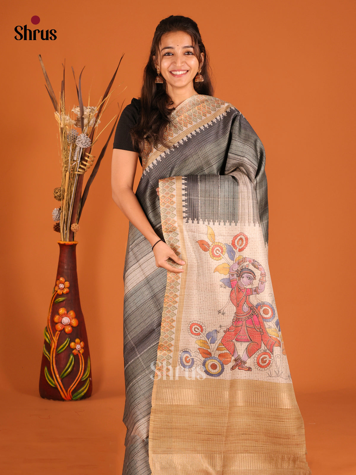 Grey & Beige - Semi Tussar Saree