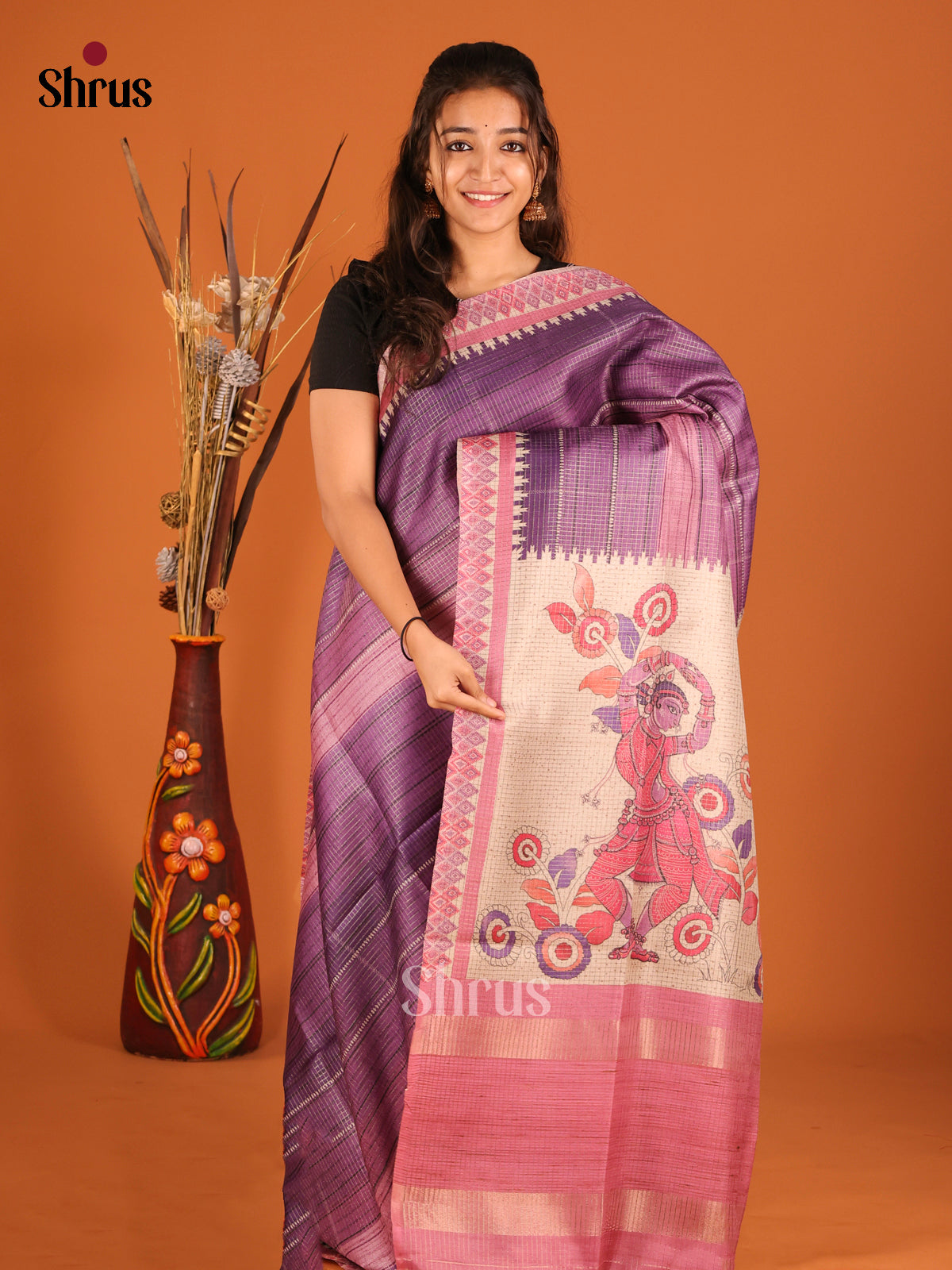 Purple & Pink - Semi Tussar Saree - Shop on Shrus.com