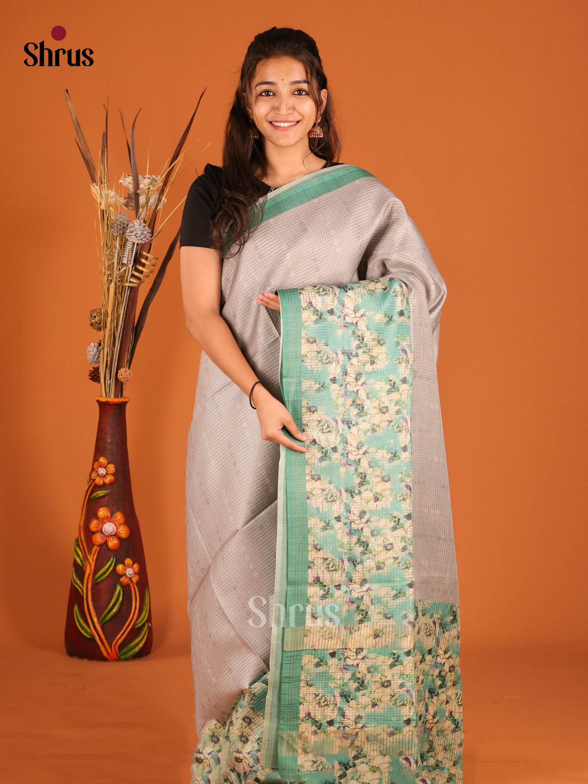 Grey & Green - Semi Tussar Saree - Shop on Shrus.com
