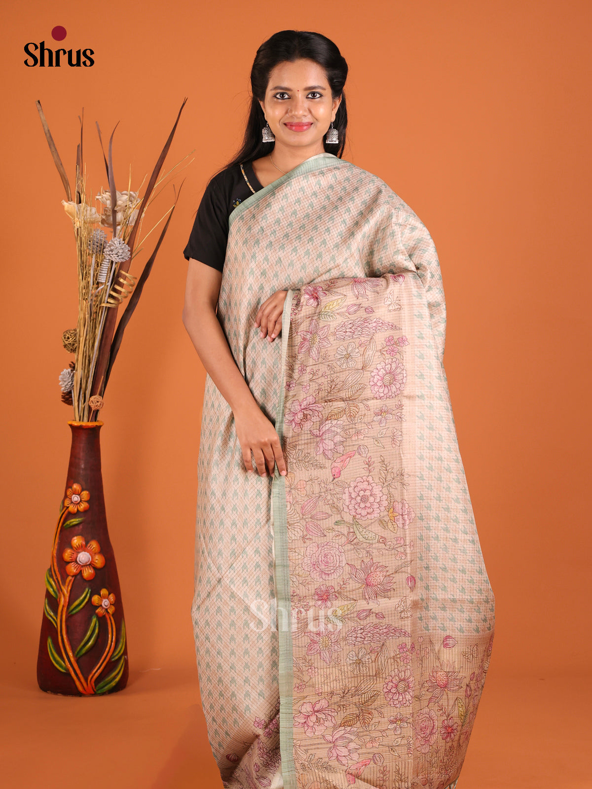 Cream & Dusty Brown - Semi Tussar Saree