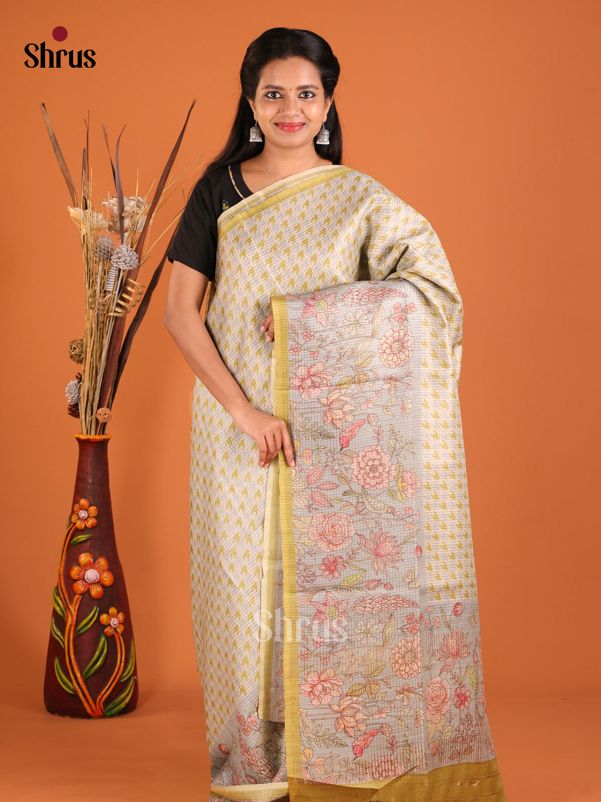 Cream & Grey - Semi Tussar Saree