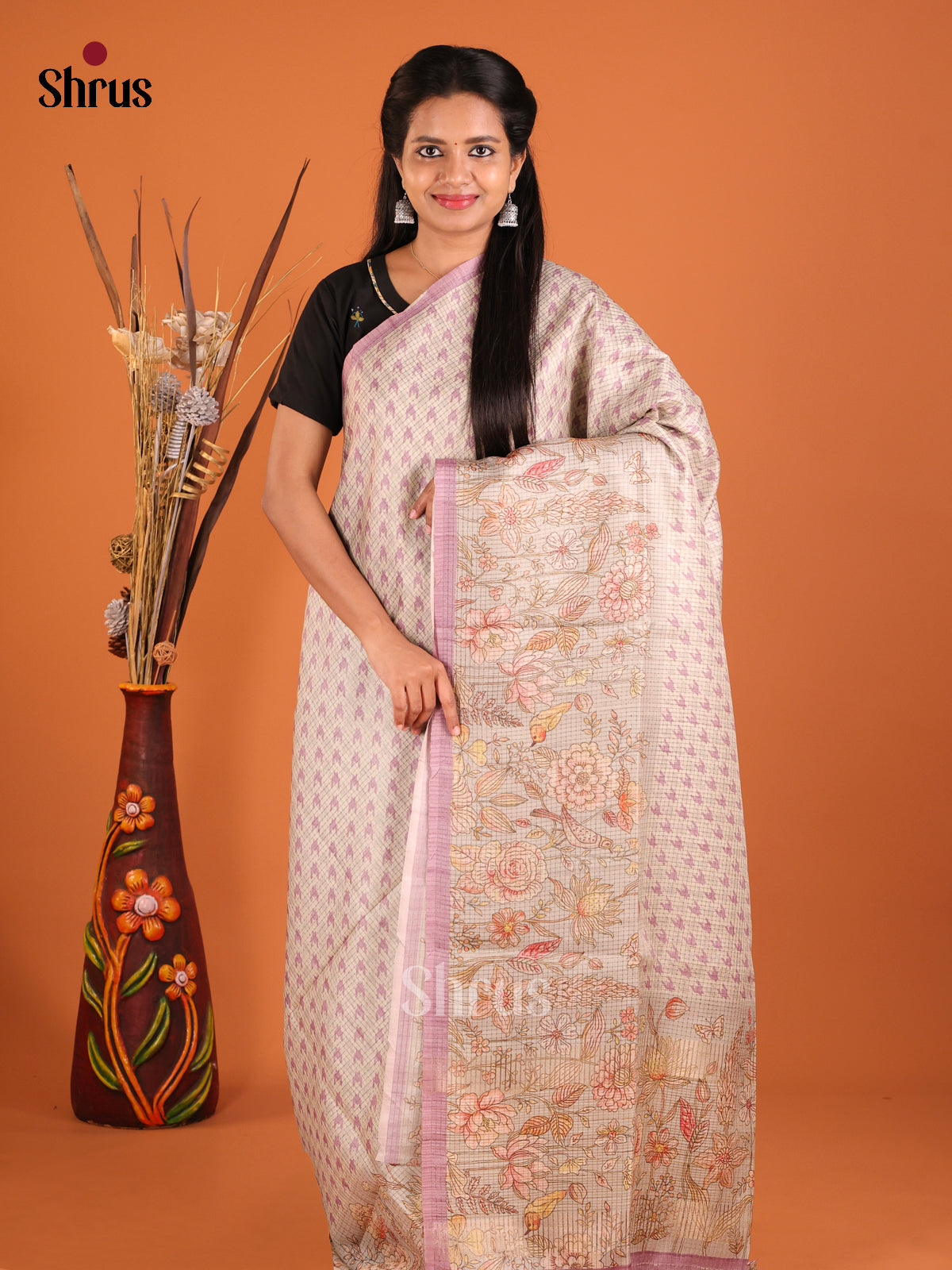Cream & Grey - Semi Tussar Saree