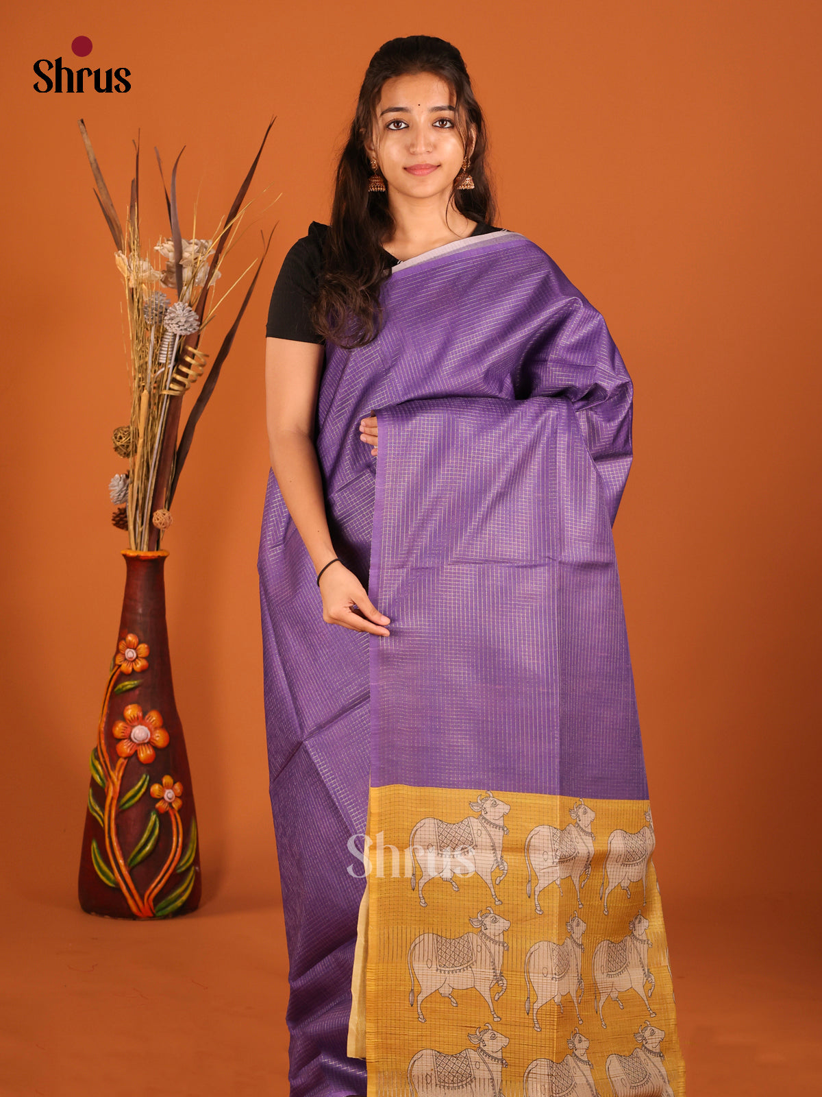 Violet & Mustard - Semi Tussar Saree