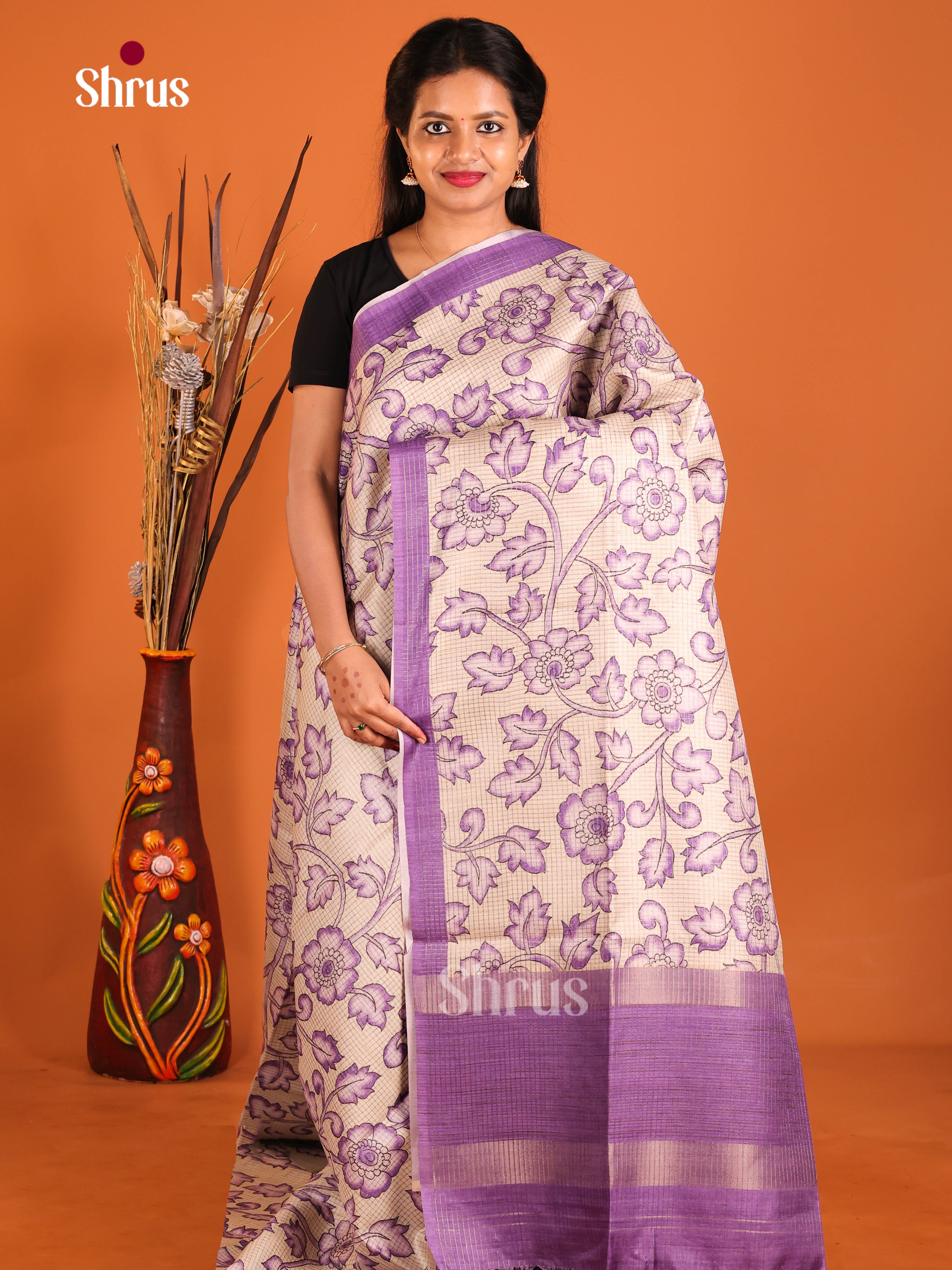 Cream & Purple- Semi Tussar Saree - Shop on Shrus.com