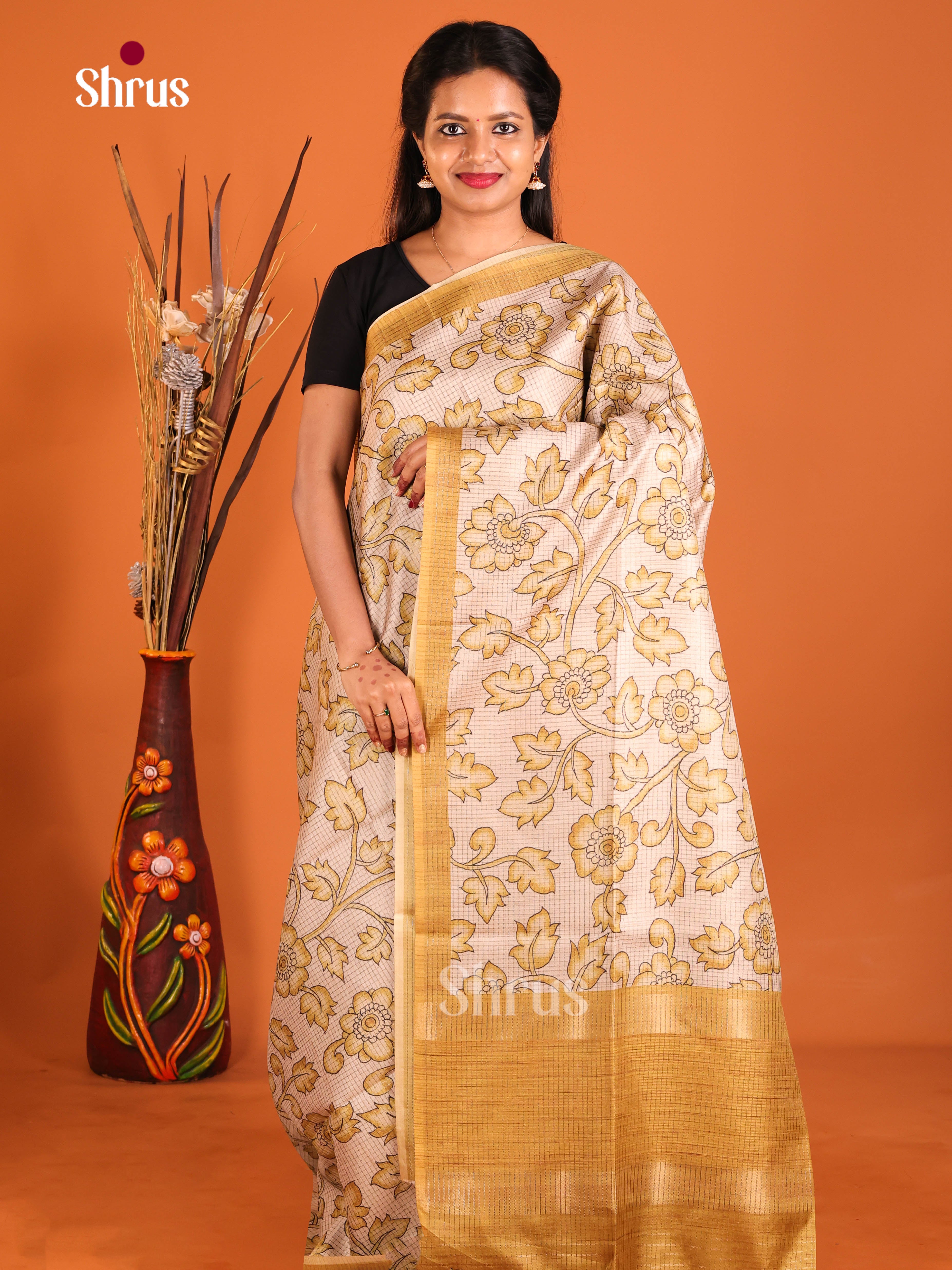 Cream & Mustard - Semi Tussar Saree