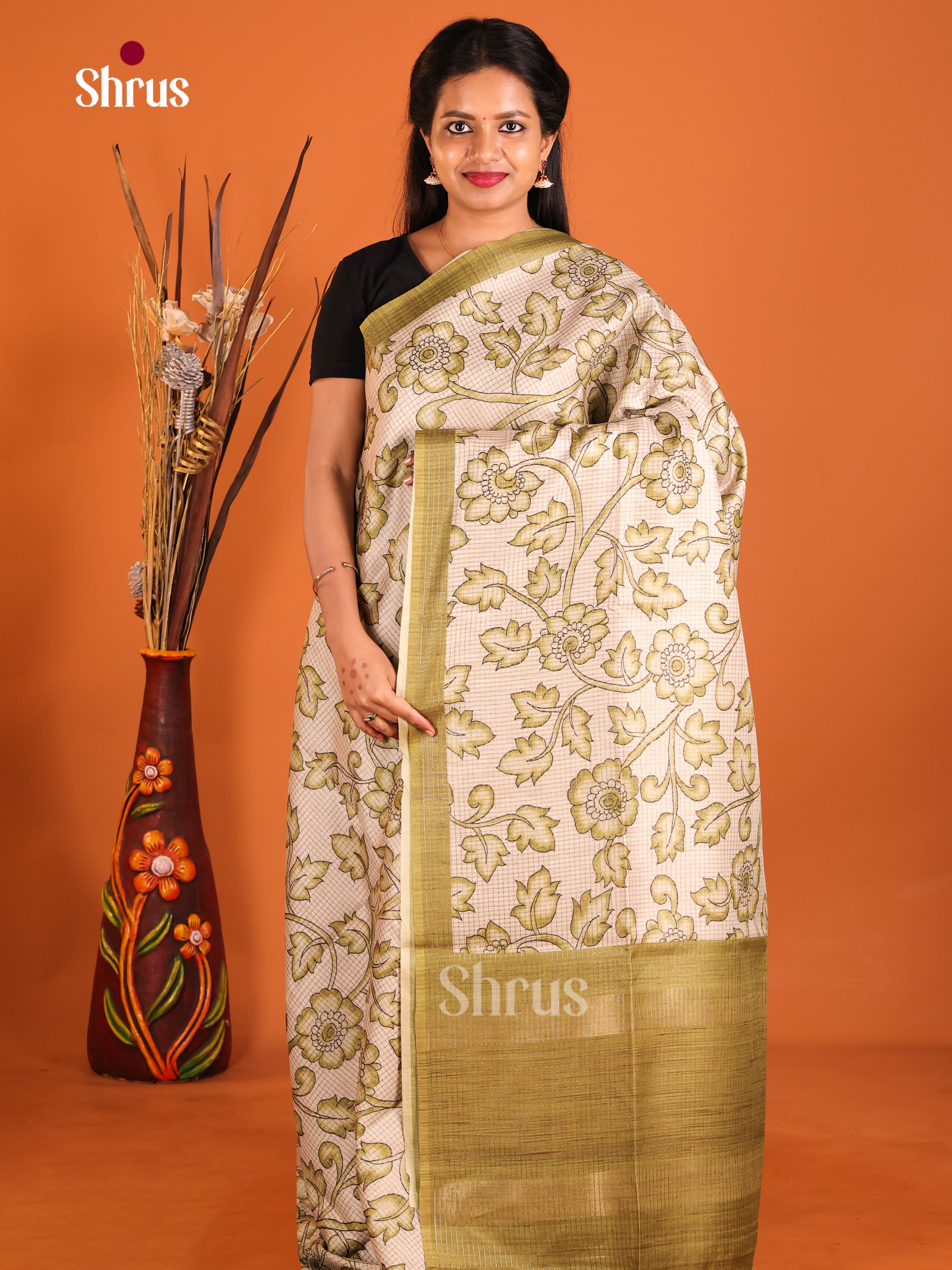 Cream & Green - Semi Tussar Saree