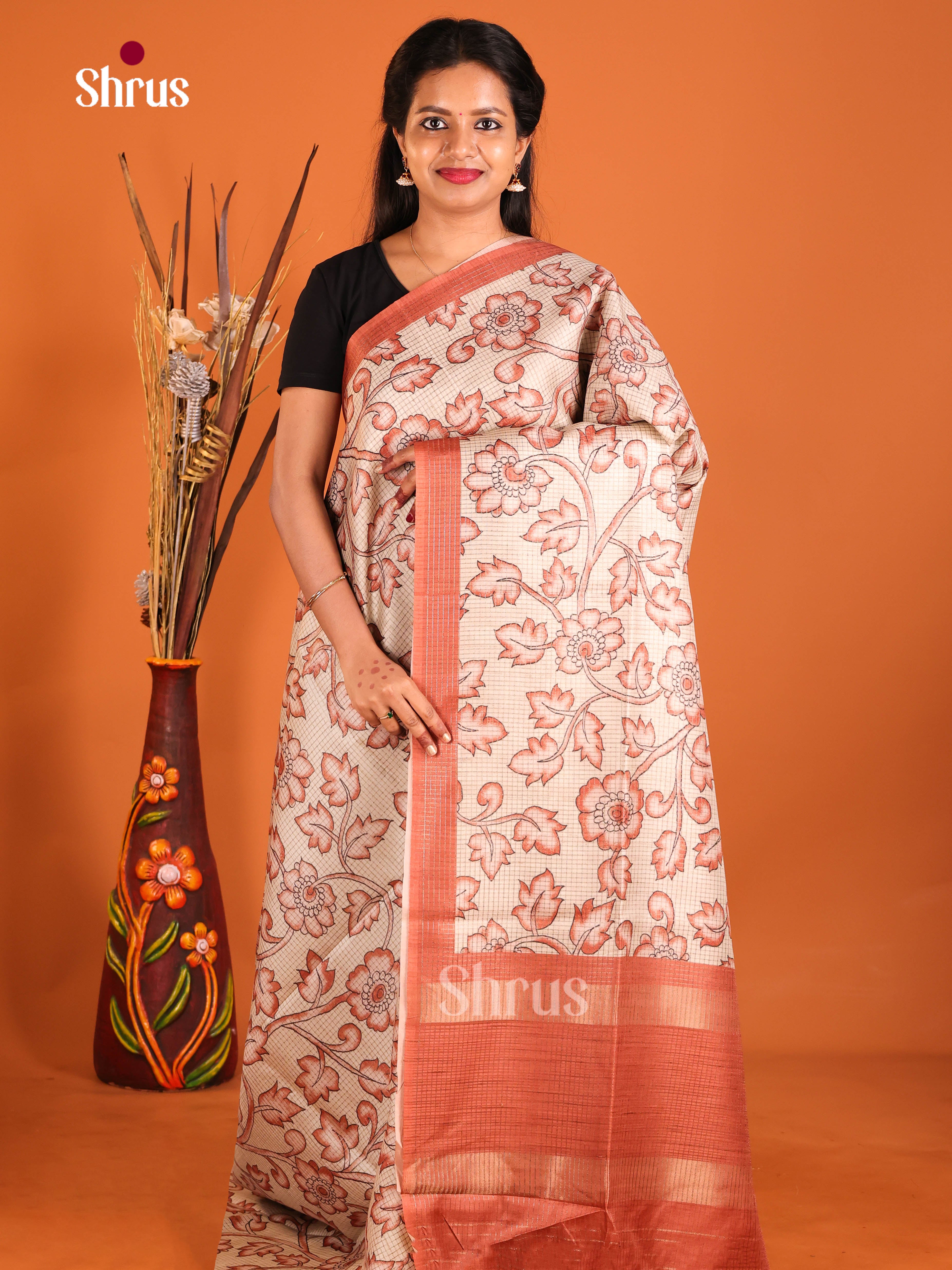 Cream & Orange - Semi Tussar Saree