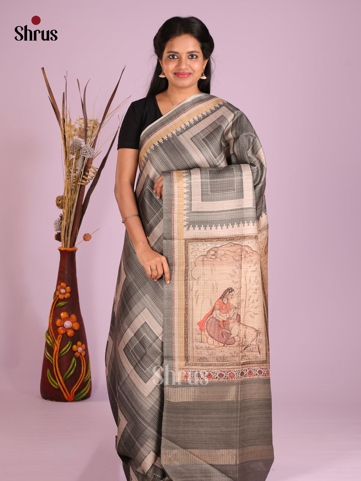 Grey & Cream - Semi Tussar Saree