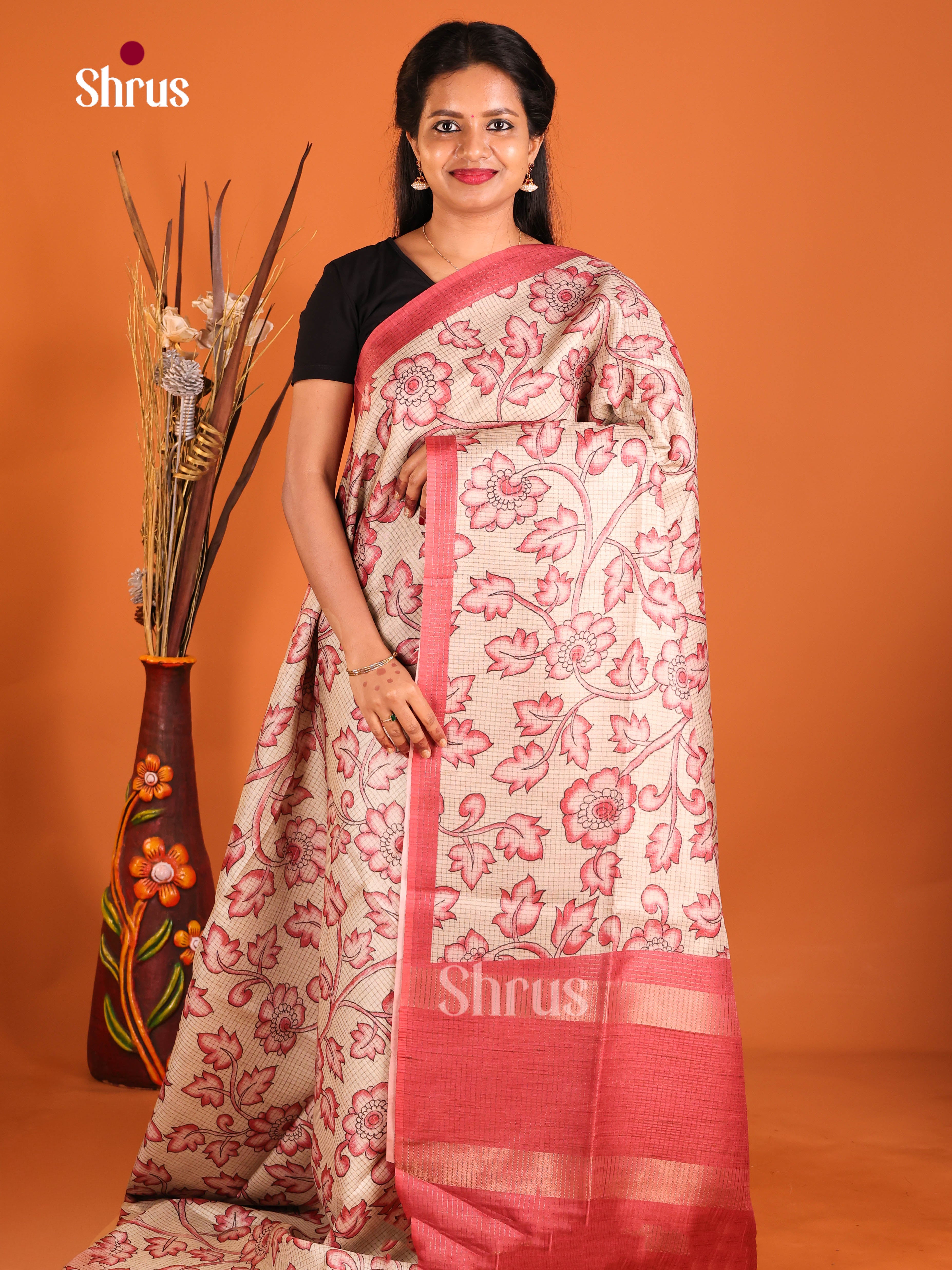 Cream & Red - Semi Tussar Saree