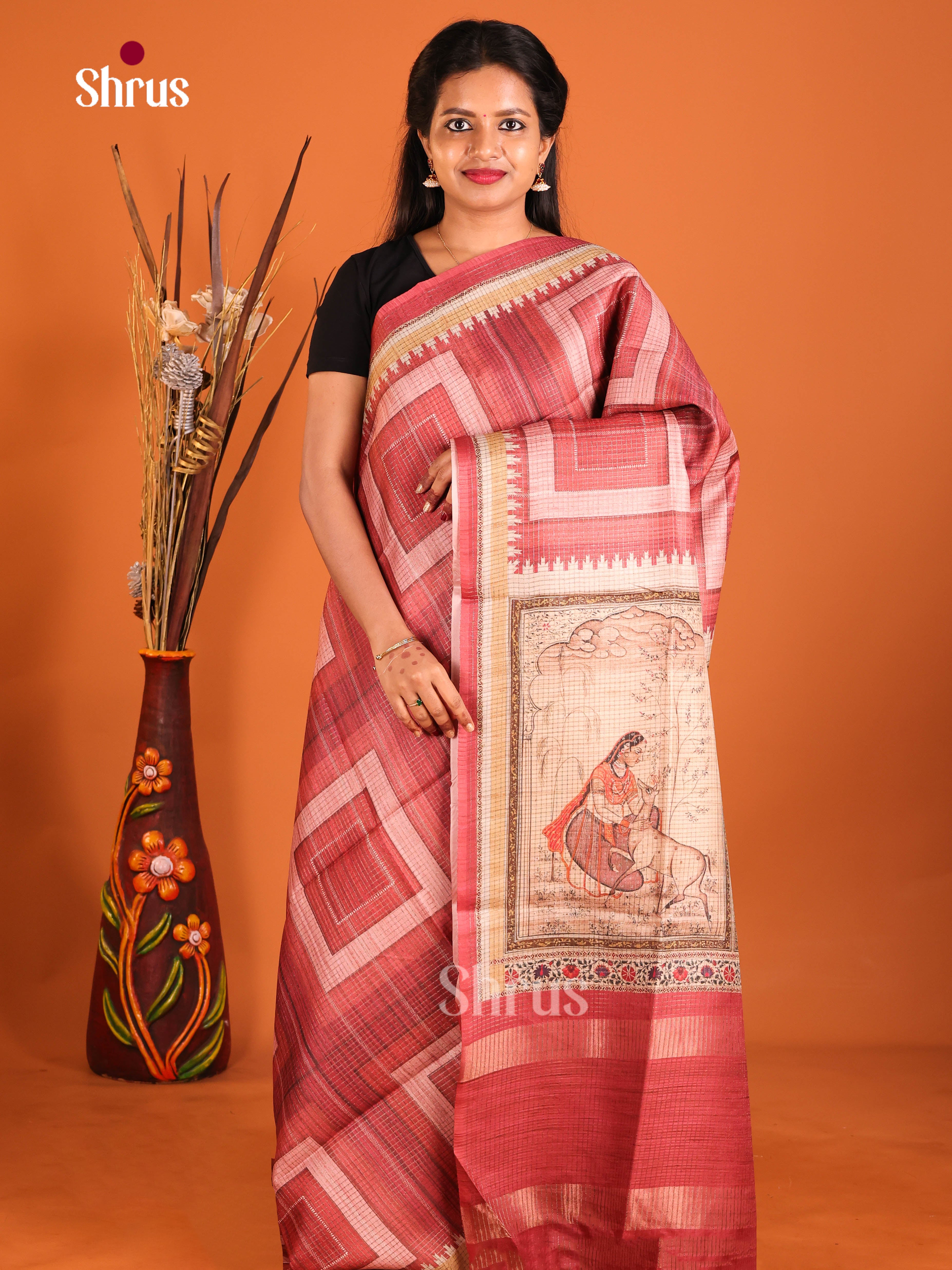 Red & Beige- Semi Tussar Saree - Shop on Shrus.com