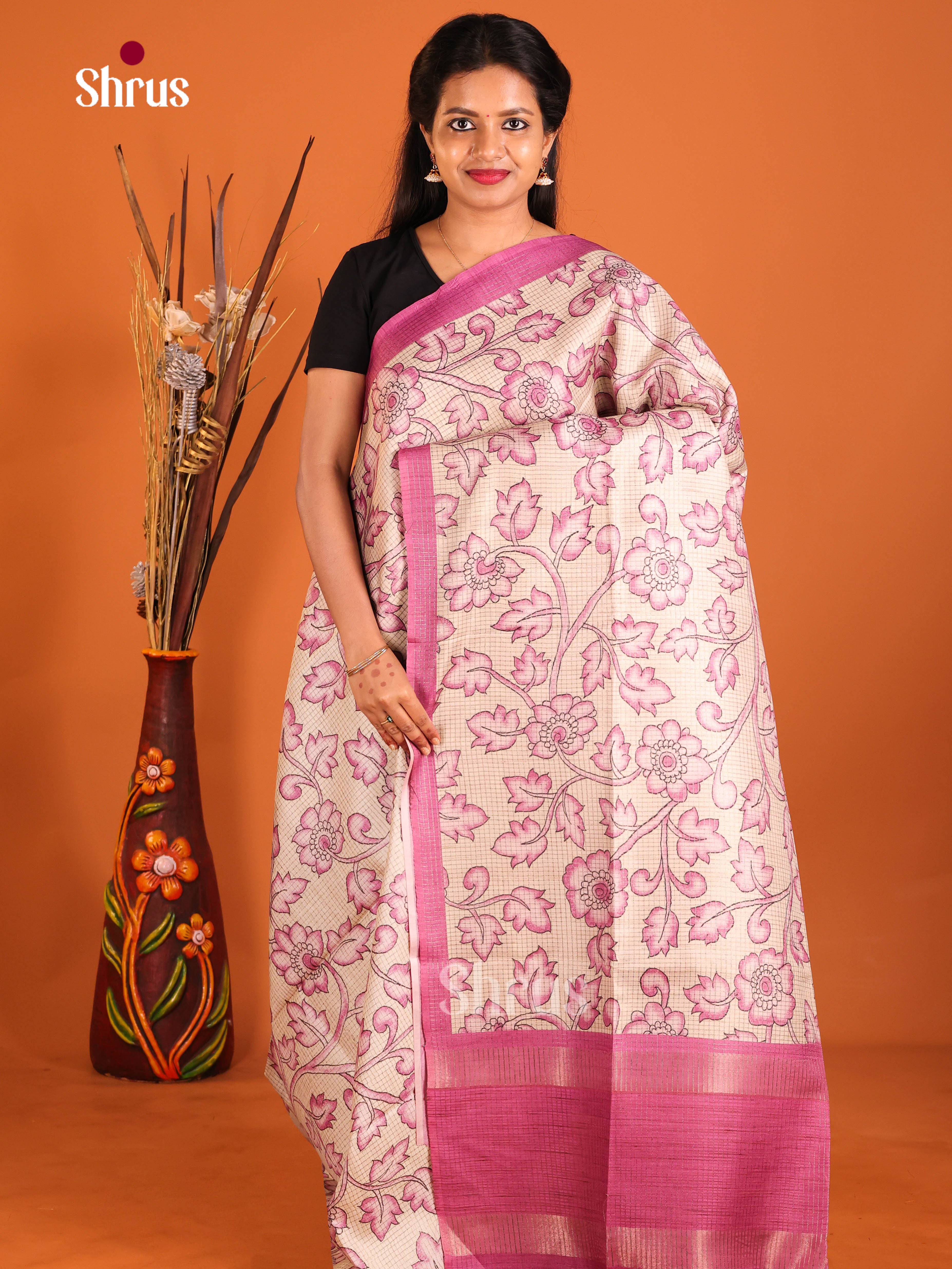 Cream & Pink - Semi Tussar Saree - Shop on Shrus.com