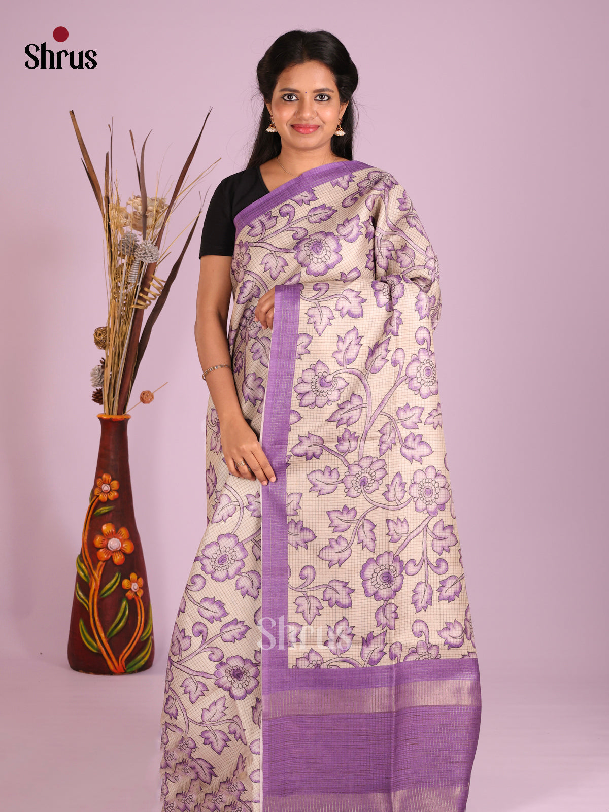 Cream & Purple - Semi Tussar Saree