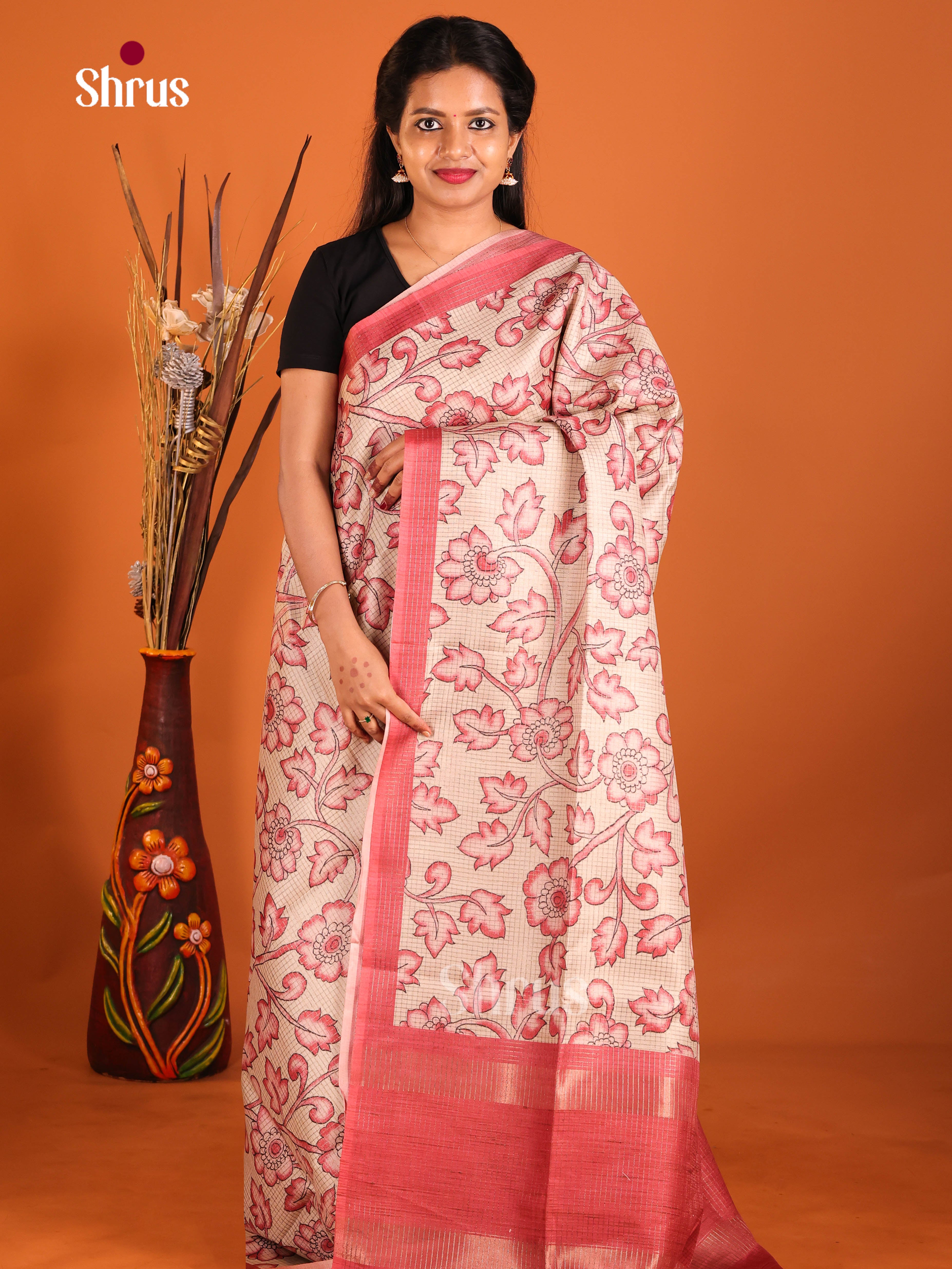 Cream & Red - Semi Tussar Saree