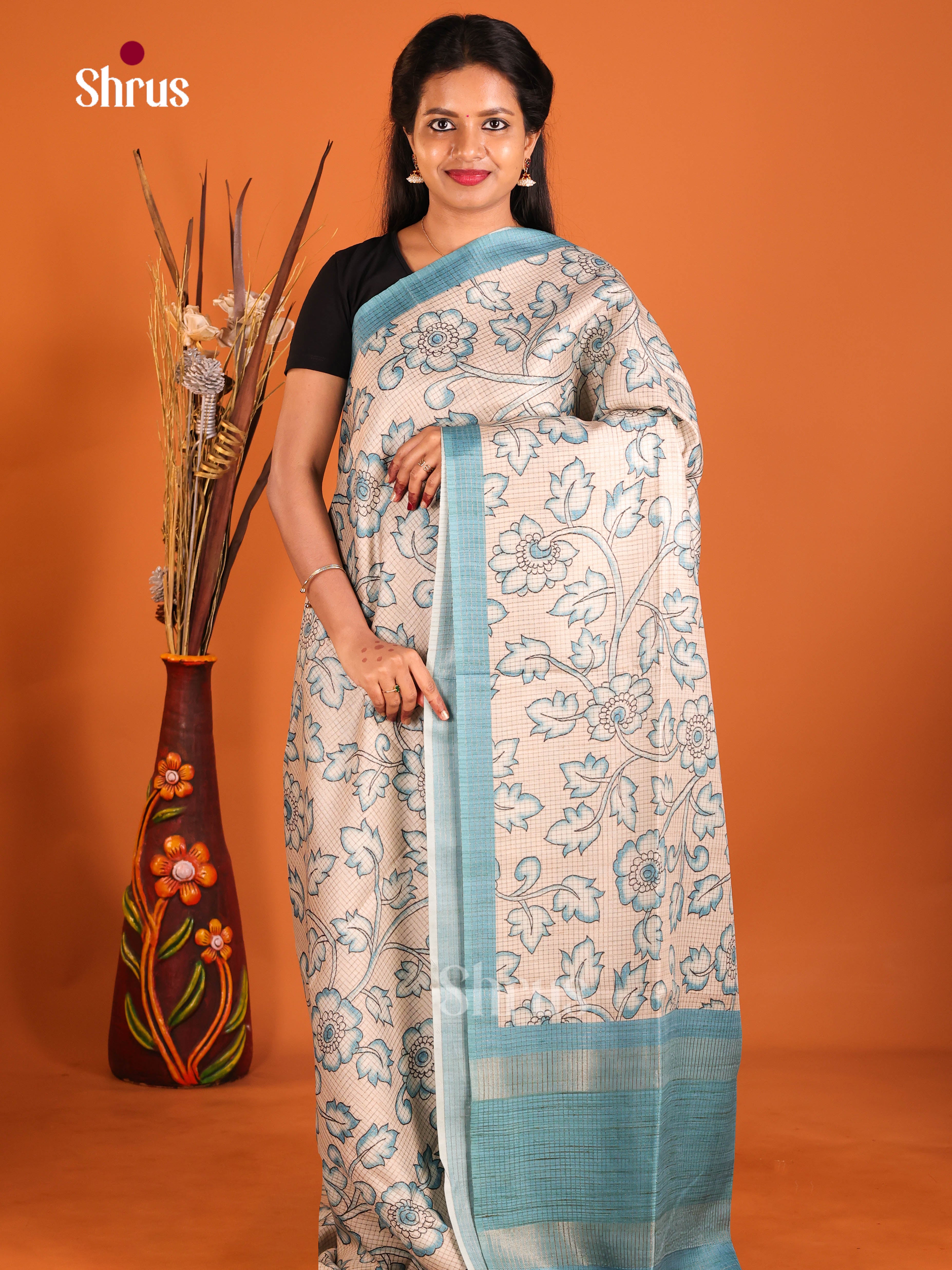Cream & Blue - Semi Tussar Saree